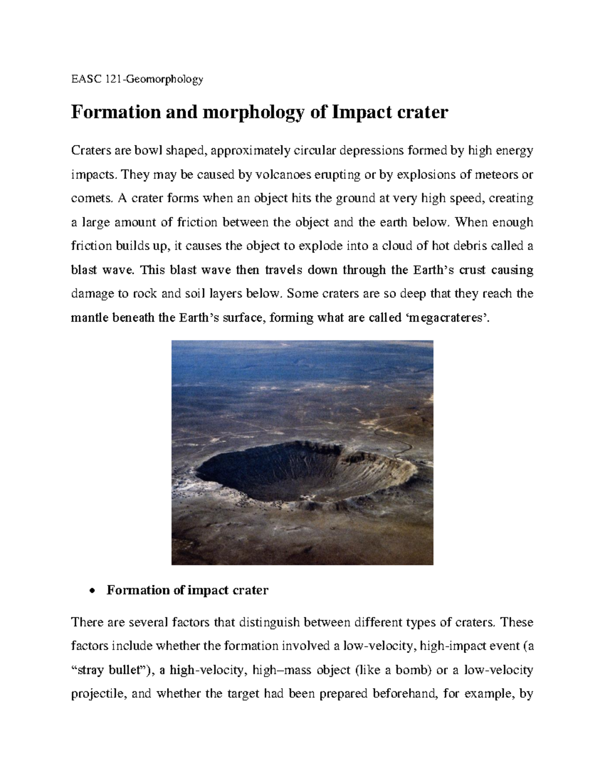 Formation And Morphology Of Impact Crater - EASC 121-Geomorphology ...