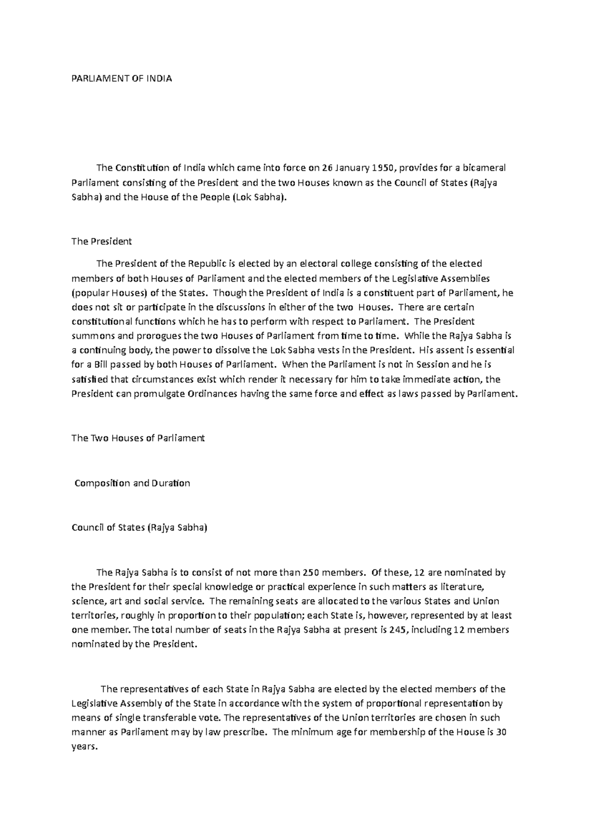 India Parliament - Unicameral And Bicameral Legislatures - Parliament 