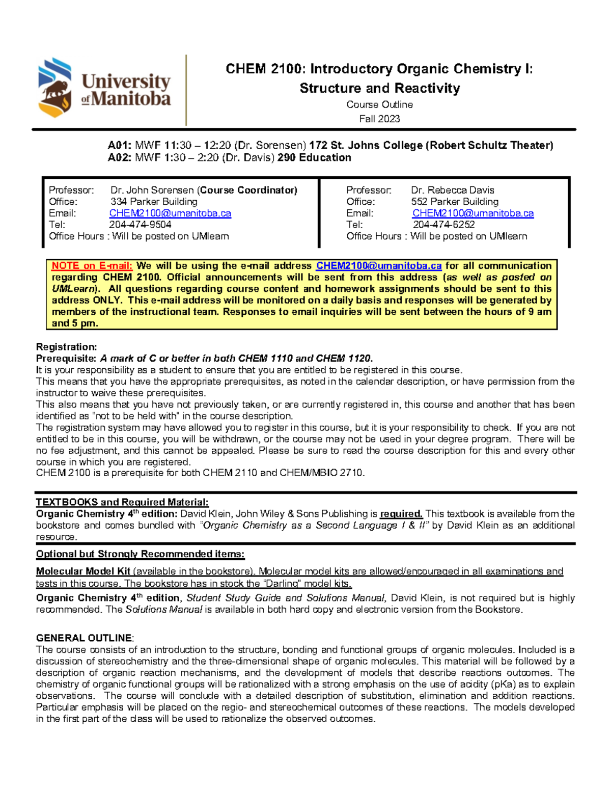 CHEM 2100 → Syllabus - CHEM 2 10 0: Introductory Organic Chemistry I ...