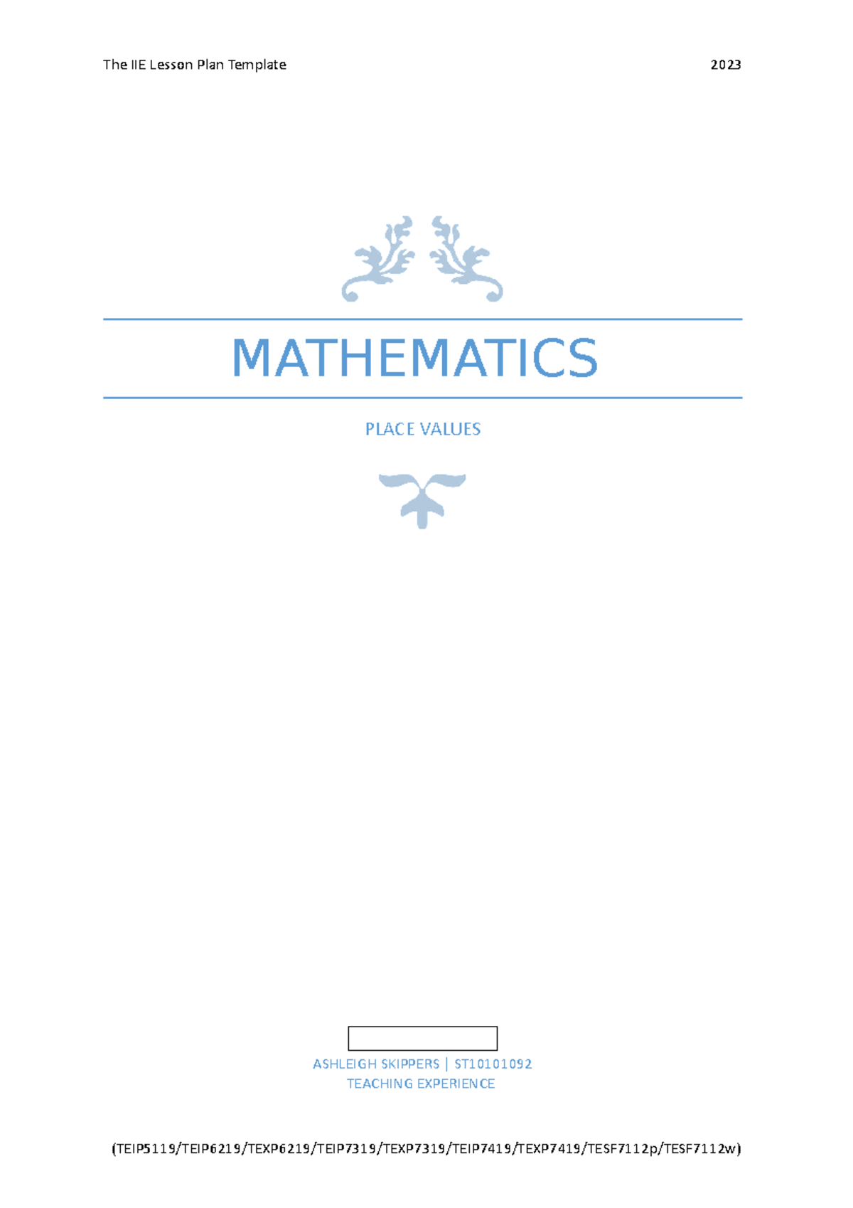 Mathematics Lesson plan - MATHEMATICS PLACE VALUES ASHLEIGH SKIPPERS ...