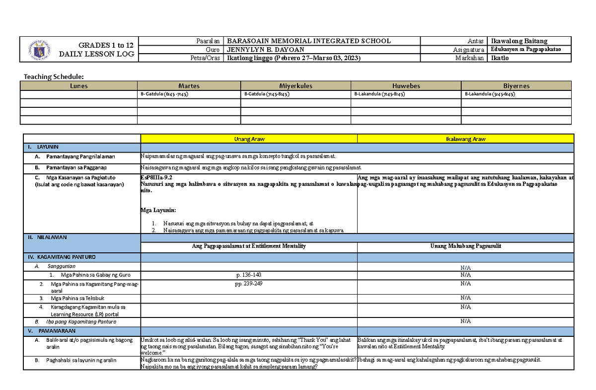 Quarter 3 ESP 8 DLL Q3 Week 3 - GRADES 1 to 12 DAILY LESSON LOG ...