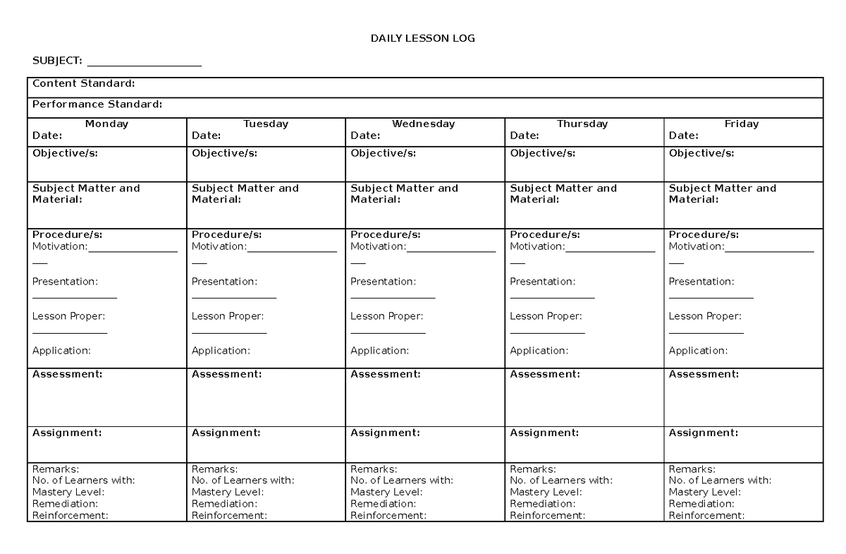 Daily Lesson LOG - NONE - DAILY LESSON LOG SUBJECT ...