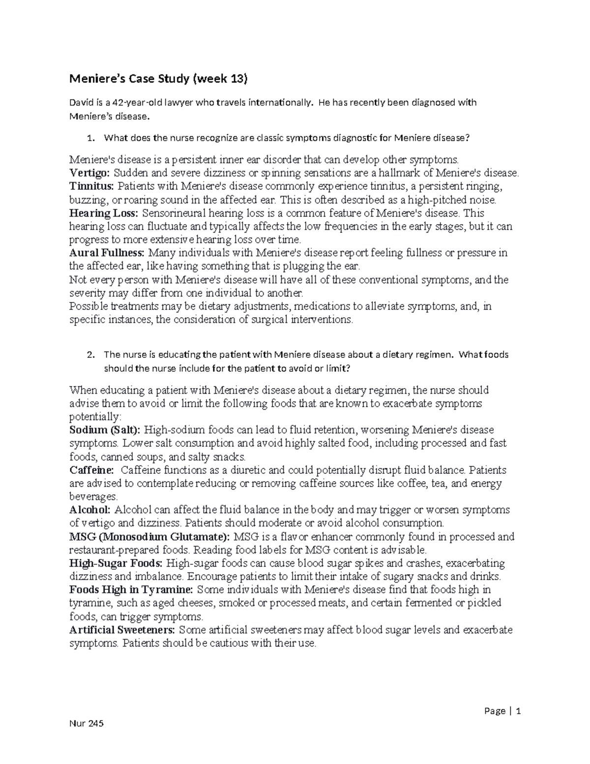 Week 13 Meniere's Case Study Meniere’s Case Study (week 13) David is