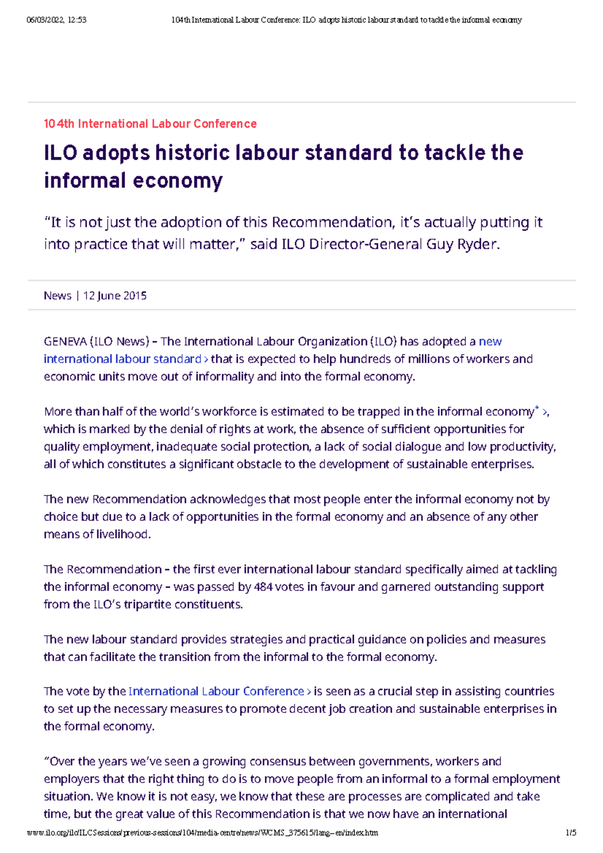 104th International Labour Conference Ilo Adopts Historic Labour Standard To Tackle The Informal