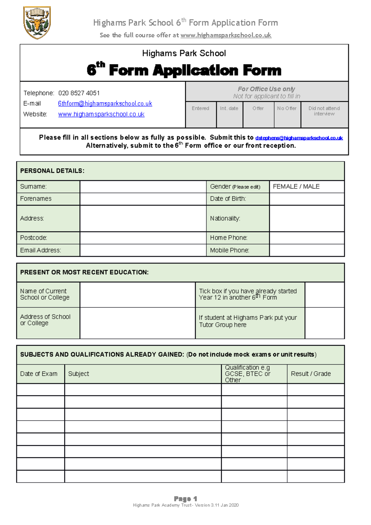 2021 6th Form Application Form - Highams Park School 6 th Form ...