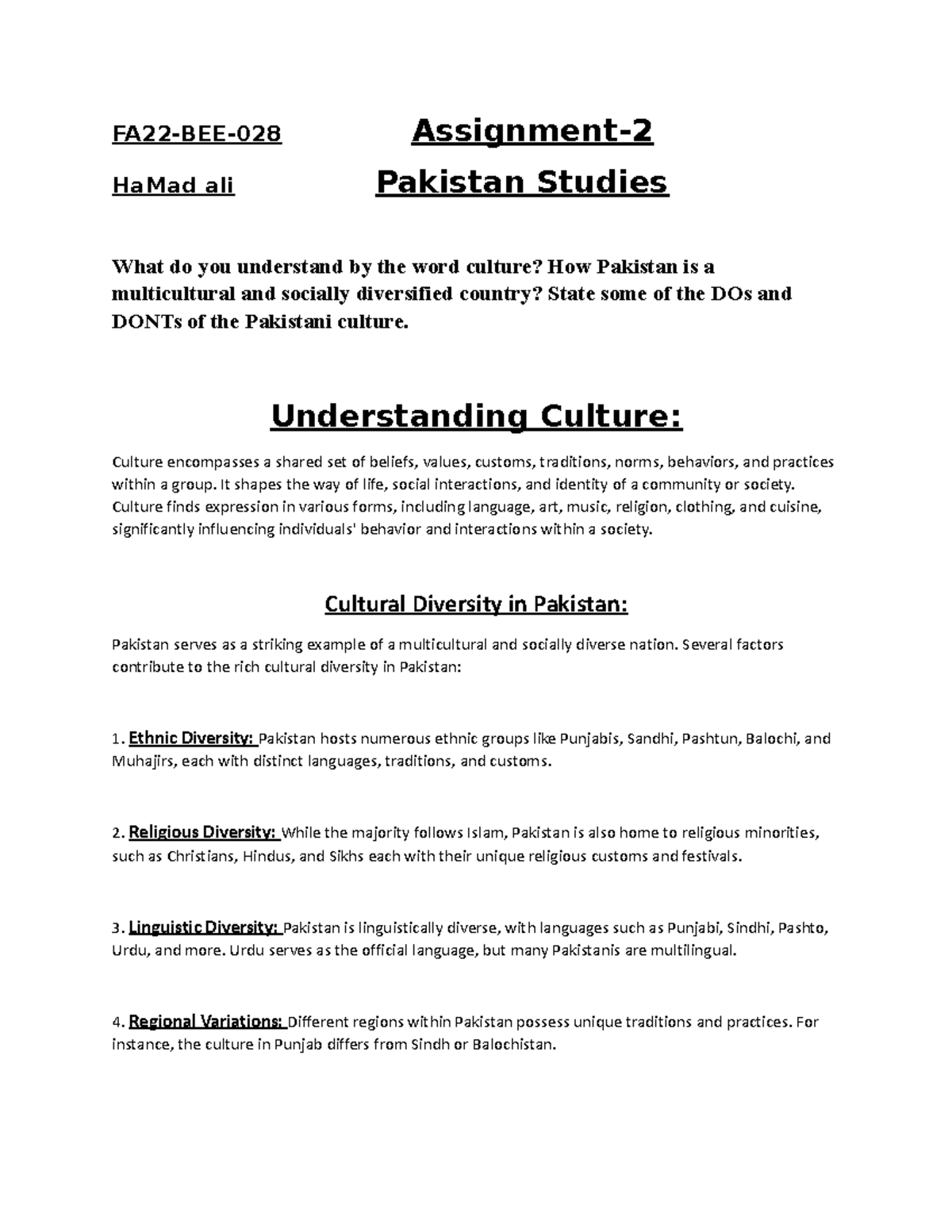 Assignment 2 - FA22-BEE-028 Assignment- HaMad Ali Pakistan Studies What ...