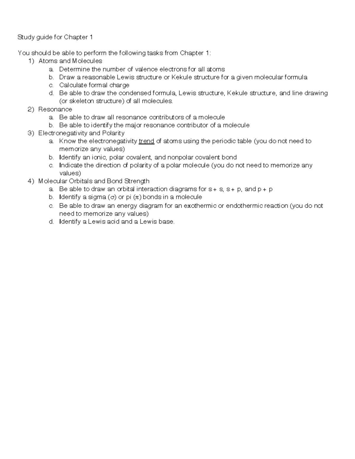 ORGO 1 - Study guide for Chapter 1 You should be able to perform the ...