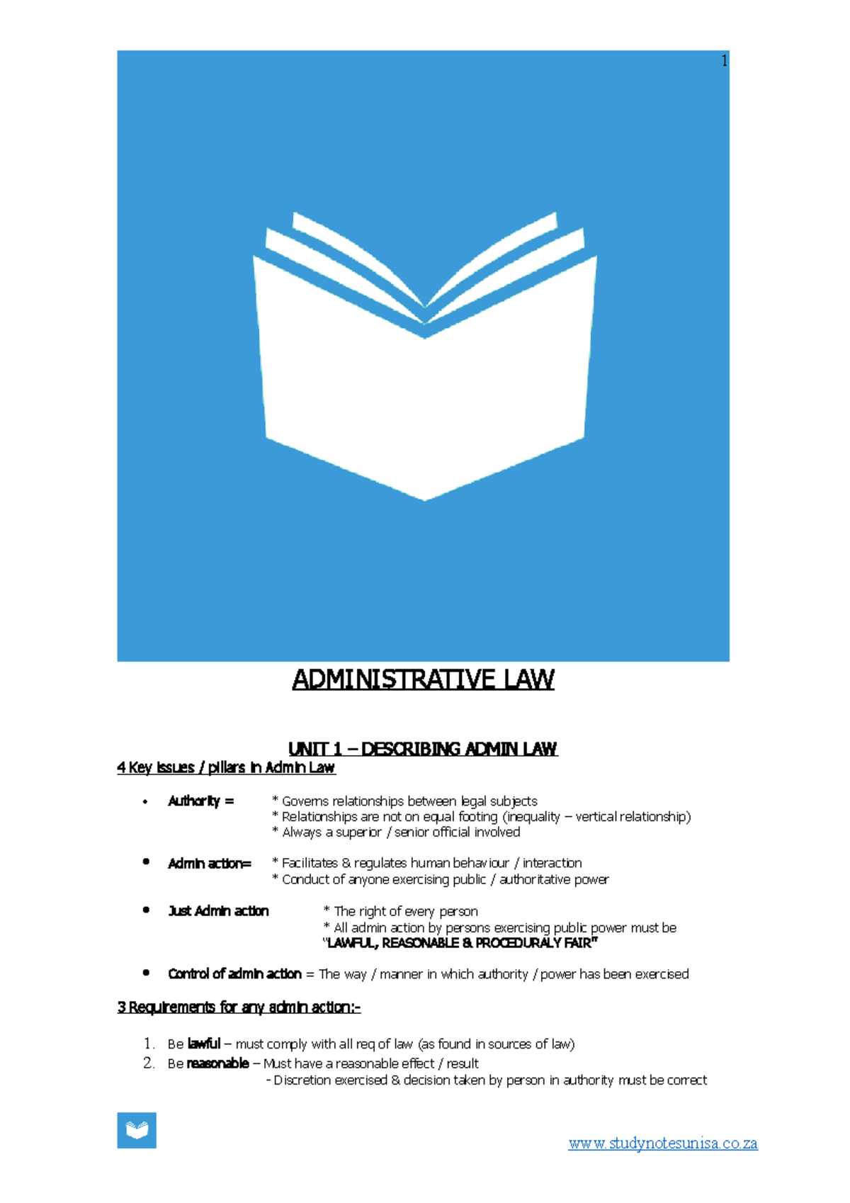 ADL2601 ADL Summary Notes - ADMINISTRATIVE LAW UNIT 1 – DESCRIBING ...