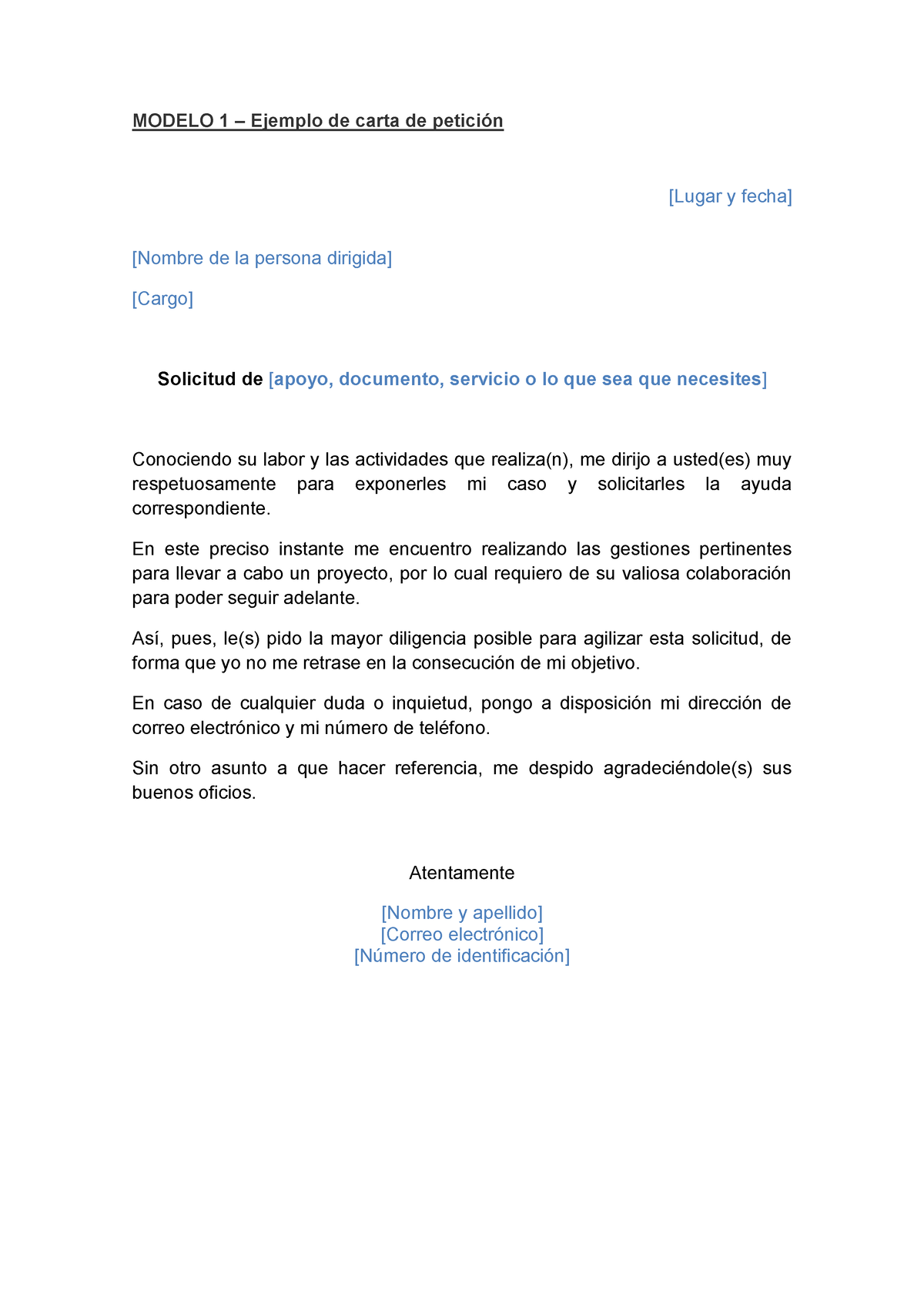 Modelo de solicitud carta de peticion borrador - MODELO 1 – Ejemplo de  carta de petición [Lugar y - Studocu