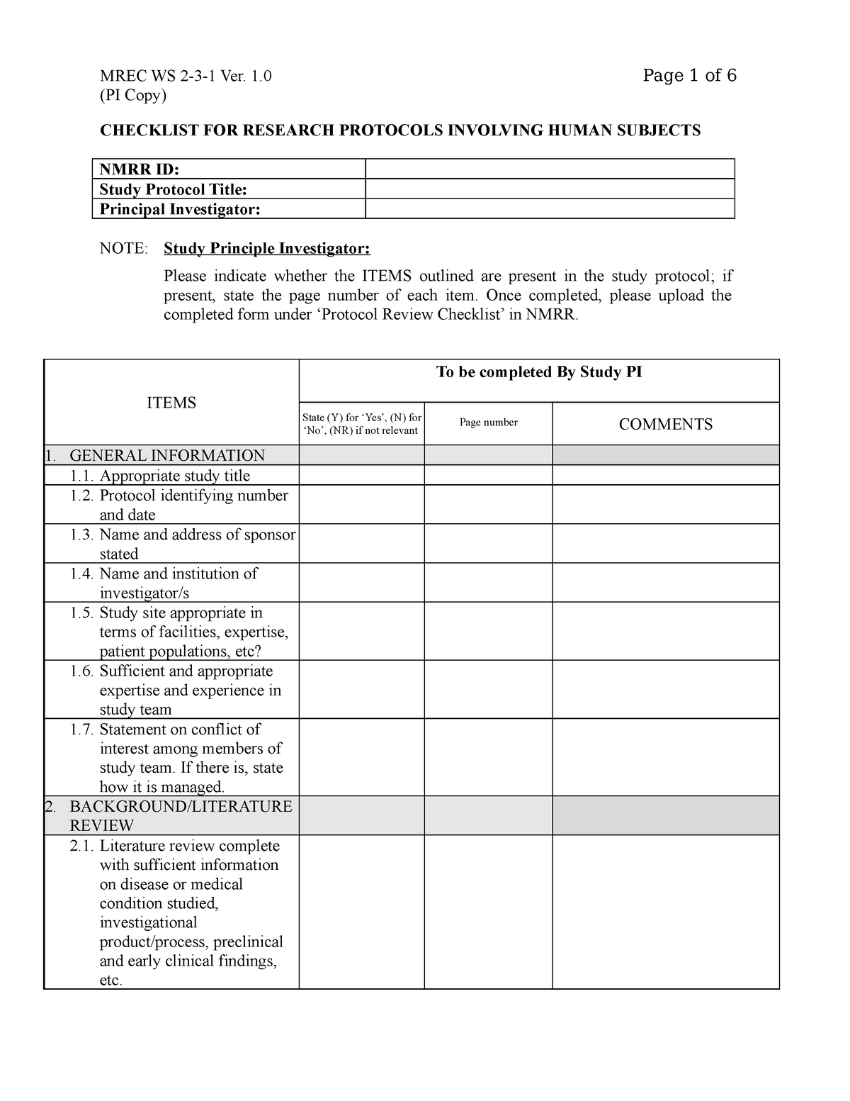 Research Protocol Review Checklist - (PI Copy) CHECKLIST FOR RESEARCH ...