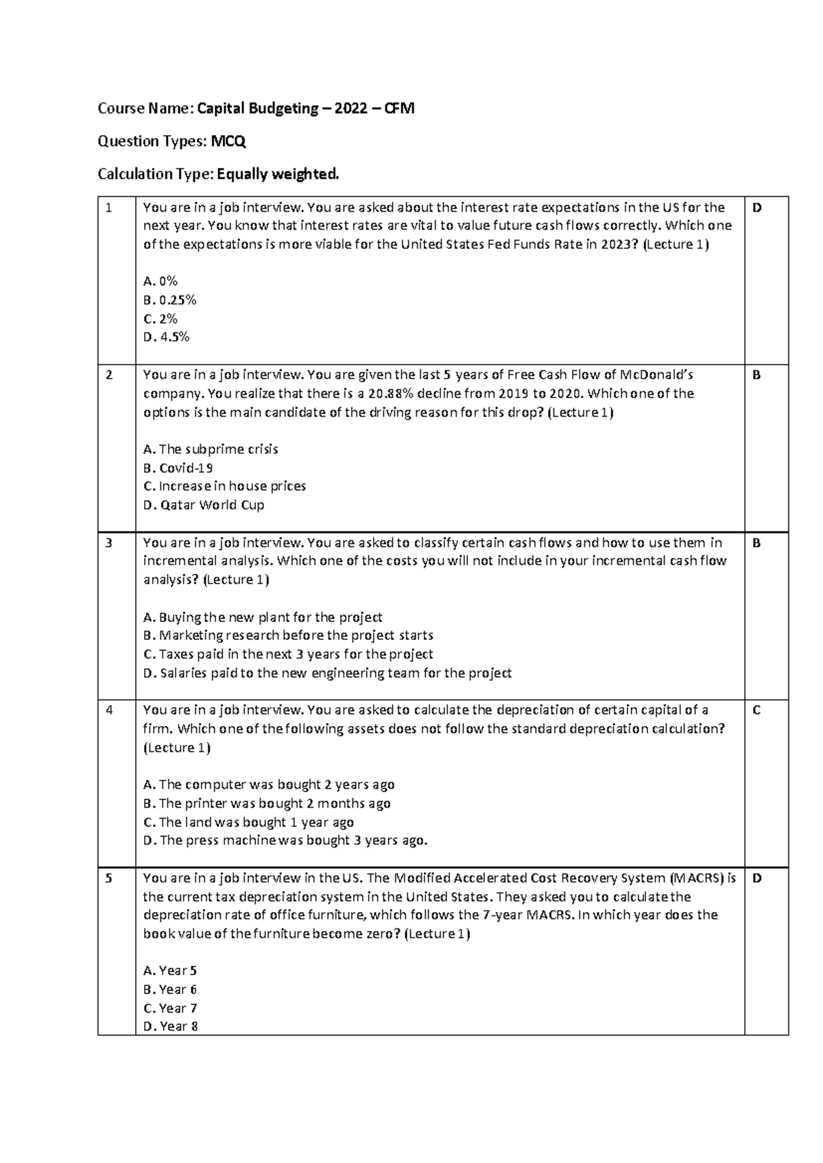 Fall 2022 - Final Exam - Capital Budgeting with answers - Course Name ...