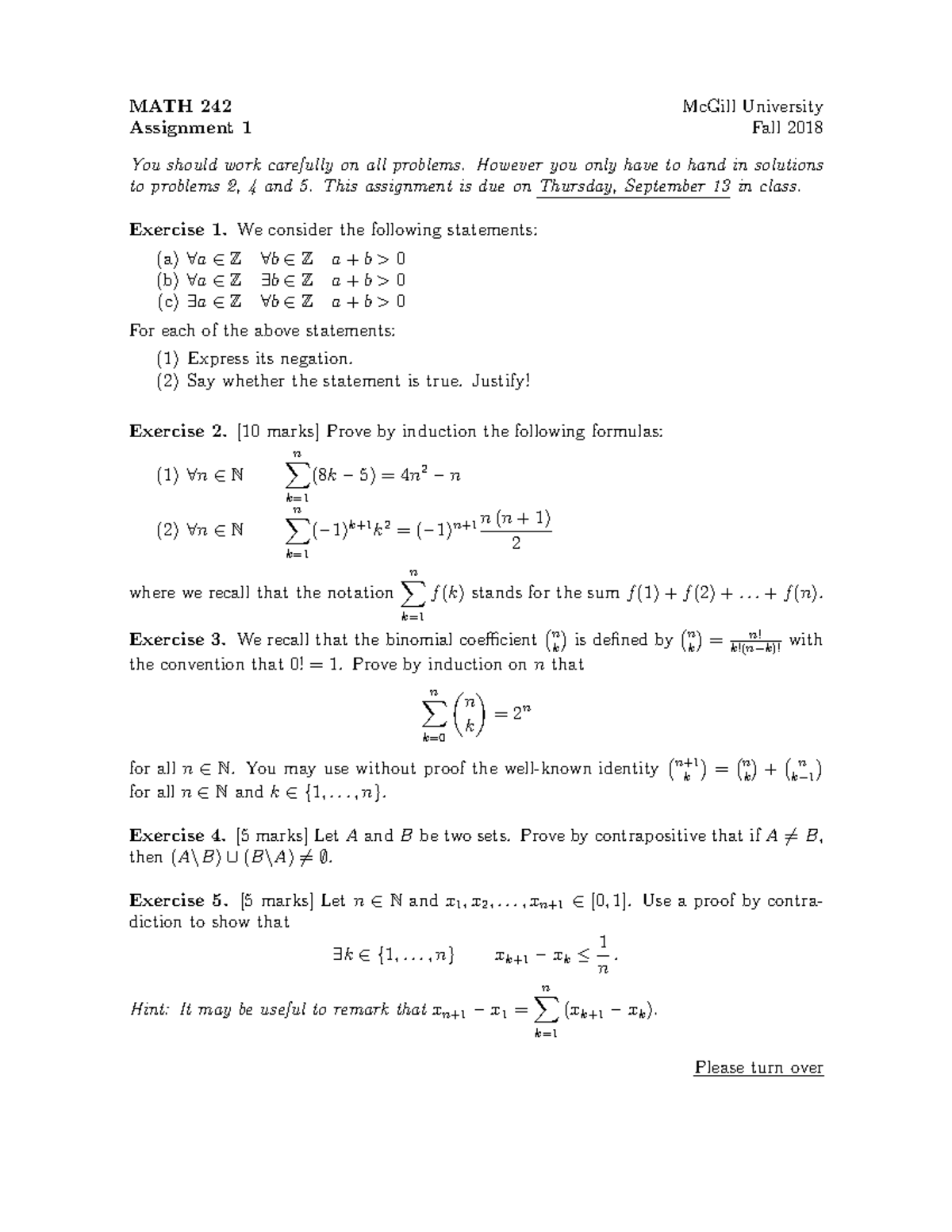 Assignment 1 Chapter 1 - MATH 242 Assignment 1 McGill University Fall ...