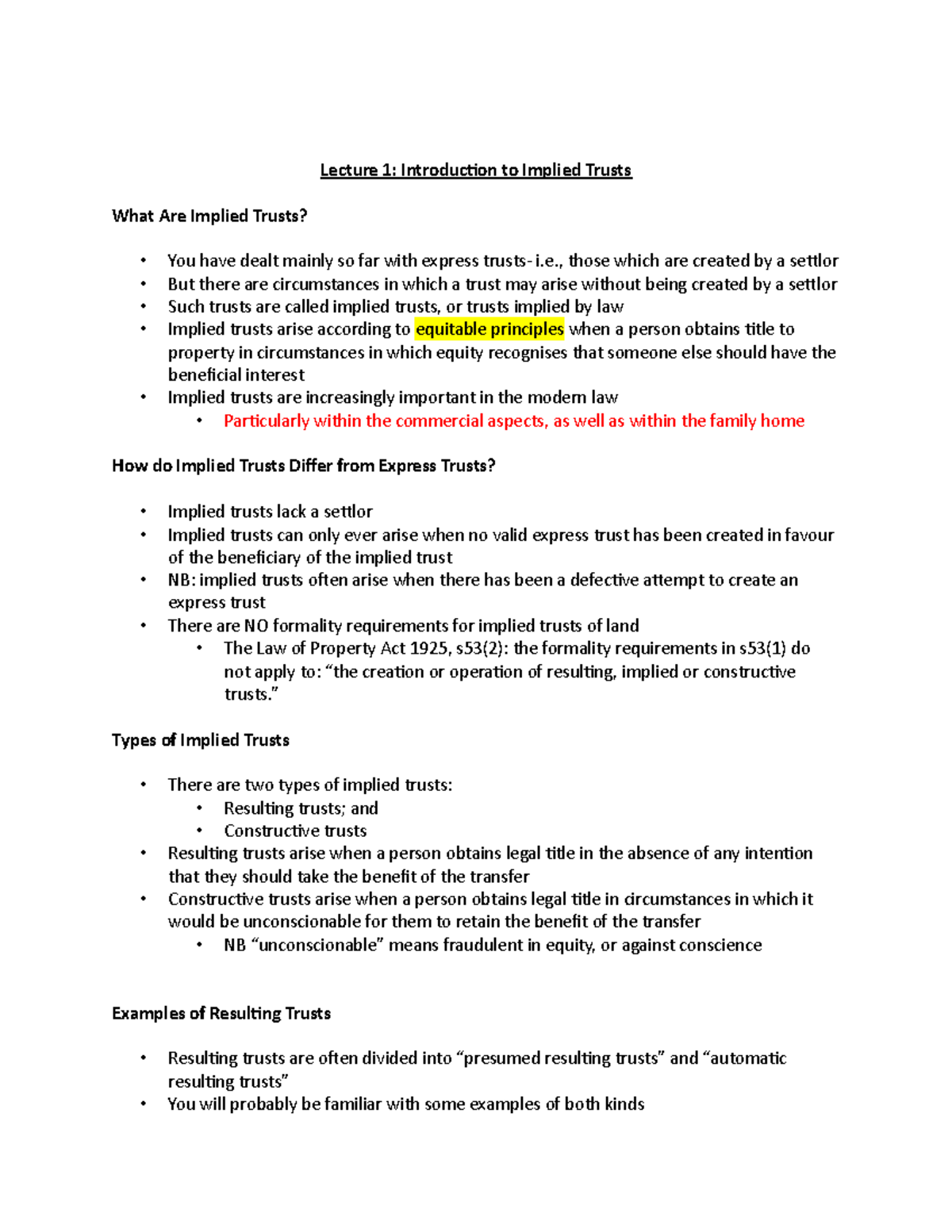 Implied Trusts - Lecture notes 5 - Lecture 1: Introducion to Implied ...