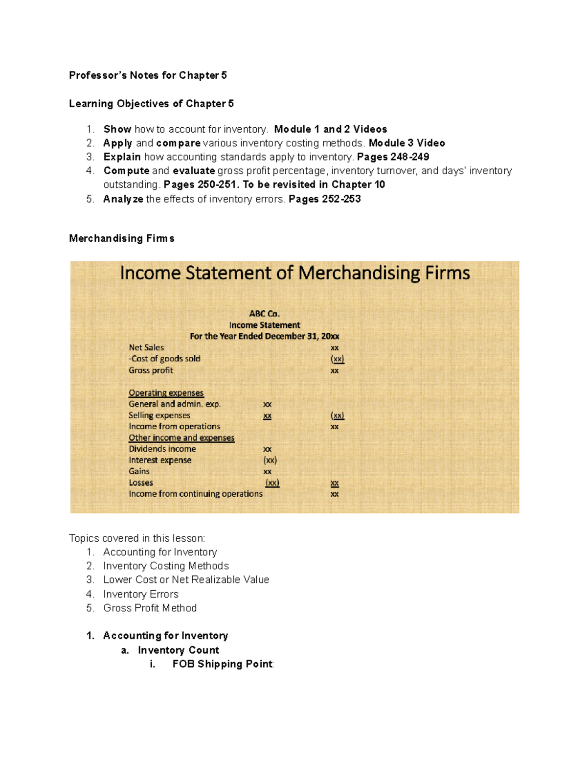 Chapter 5 - Notes - Professor’s Notes for Chapter 5 Learning Objectives ...