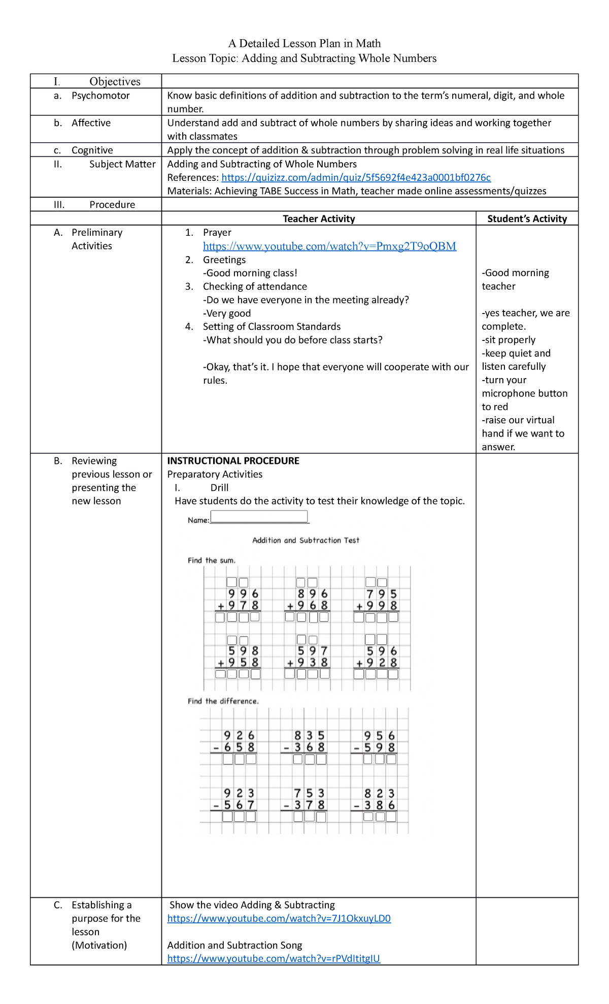 Lesson Plan for Operations on Whole Numbers - A Detailed Lesson Plan in ...