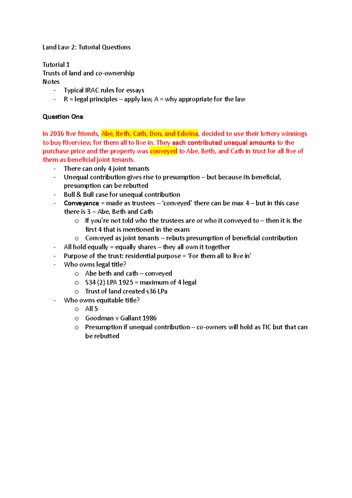 Land Law 2 tutorial - Land Law 2: Tutorial Questions Tutorial 1 Trusts ...