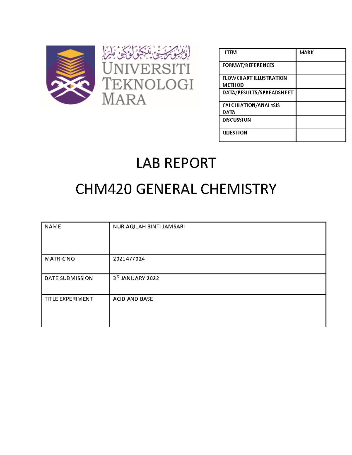 LAB Report Experiment 6 ACID AND BASE LAB REPORT CHM420 GENERAL