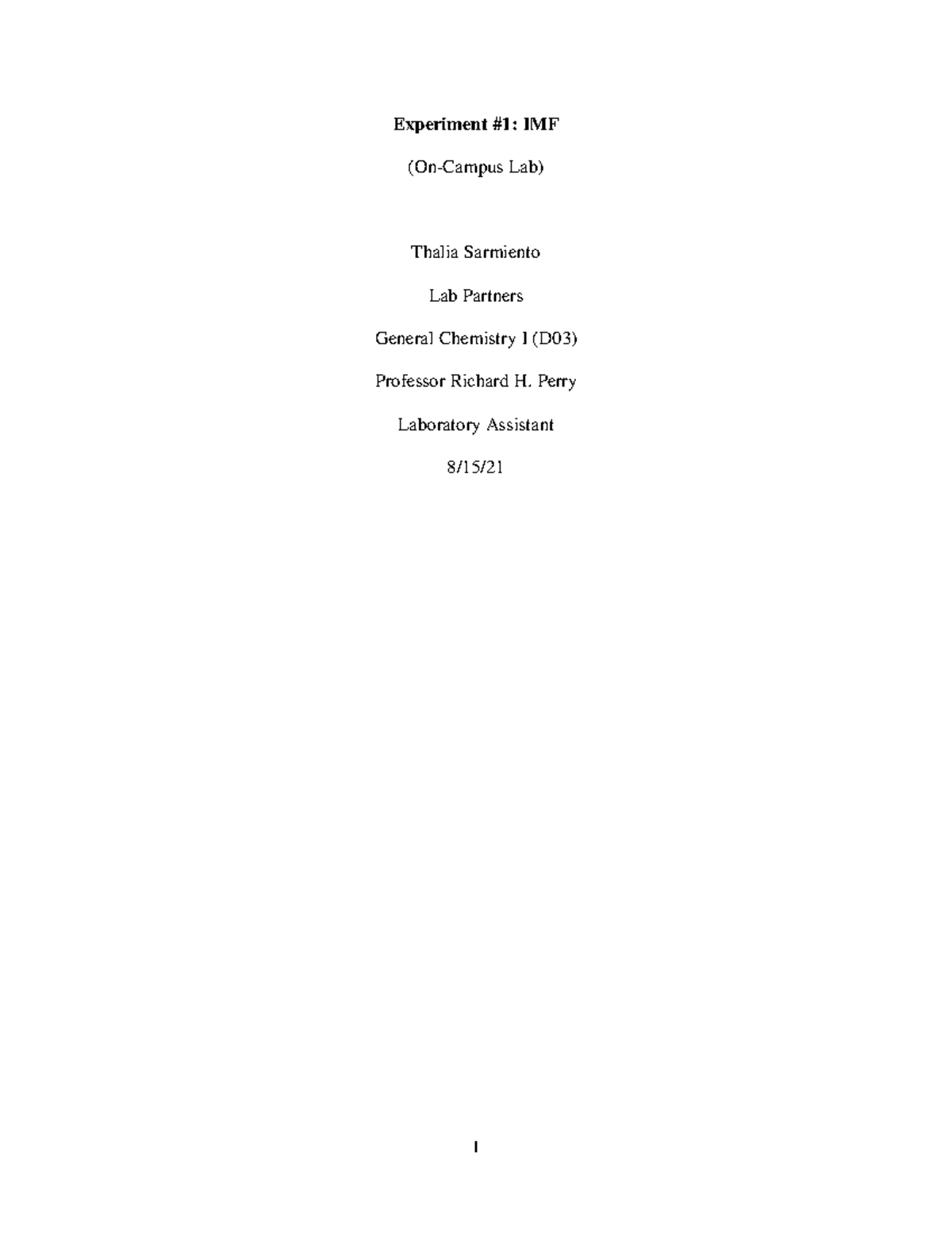 Results Only Lab Report Imf, Discussion, Table And Graphs - Experiment 