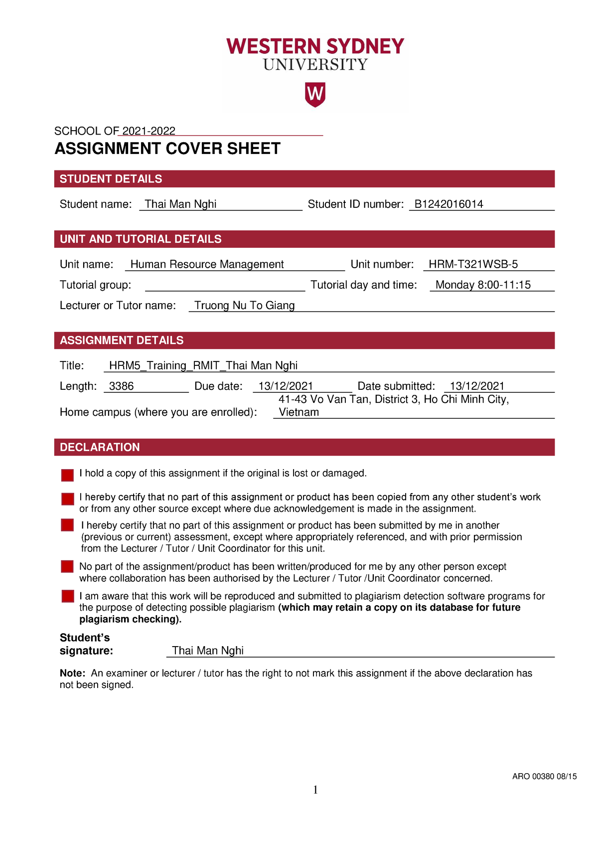 rmit cover sheet for assignments