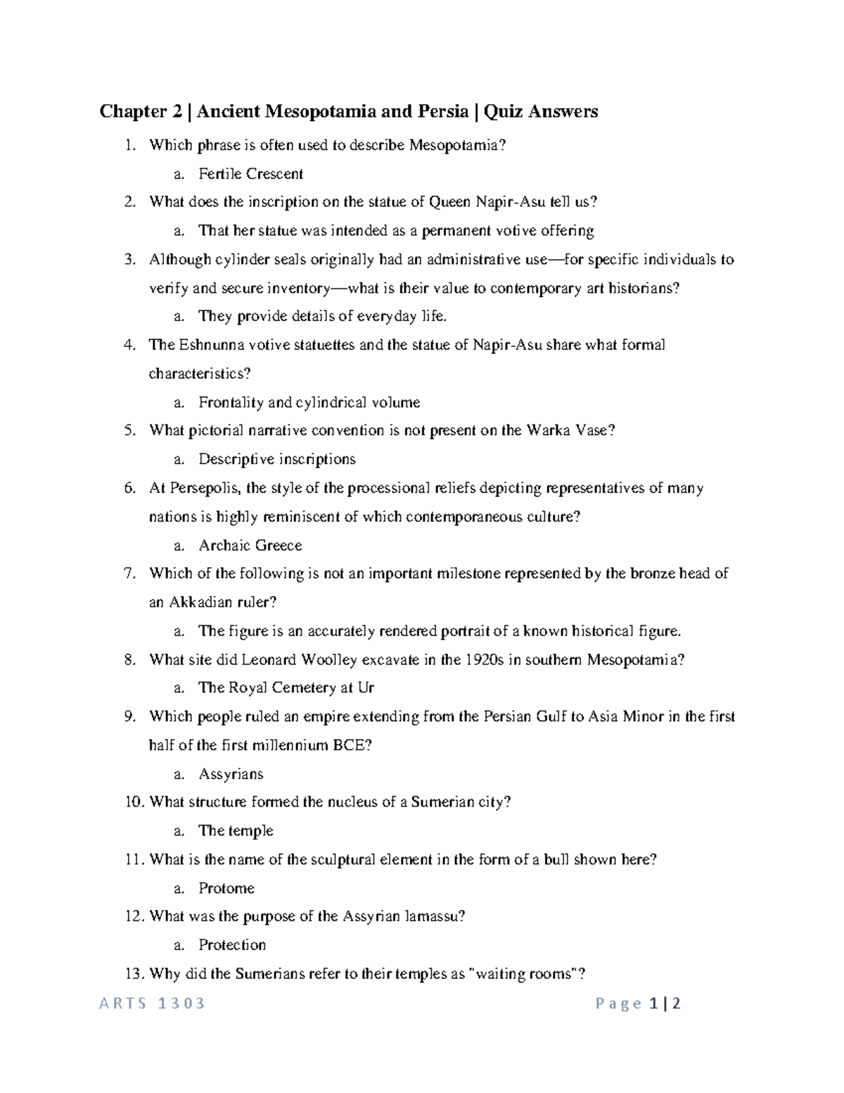 ART 1303 Chapter 2 Quiz - A R T S 1 3 0 3 P A G E 1 | 2 Chapter 2 ...