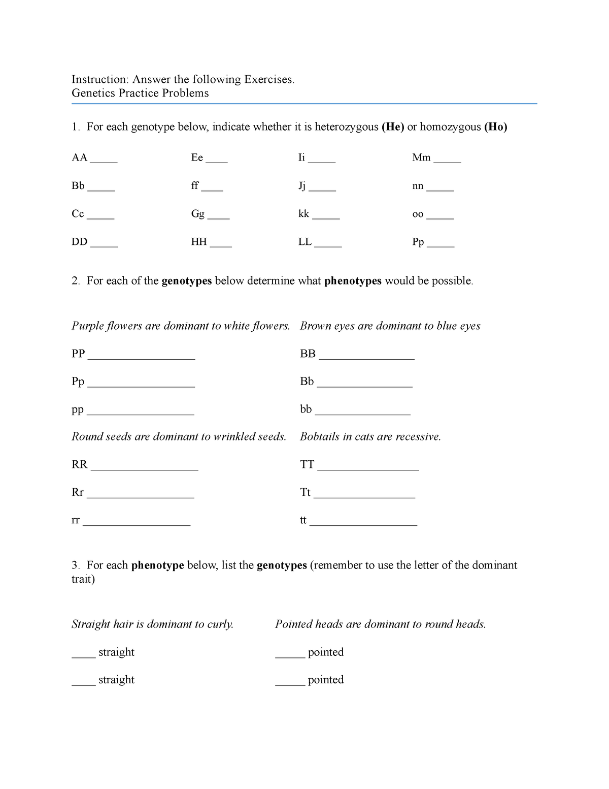 Exercises on Mendelian Inheritance - Instruction: Answer the following ...