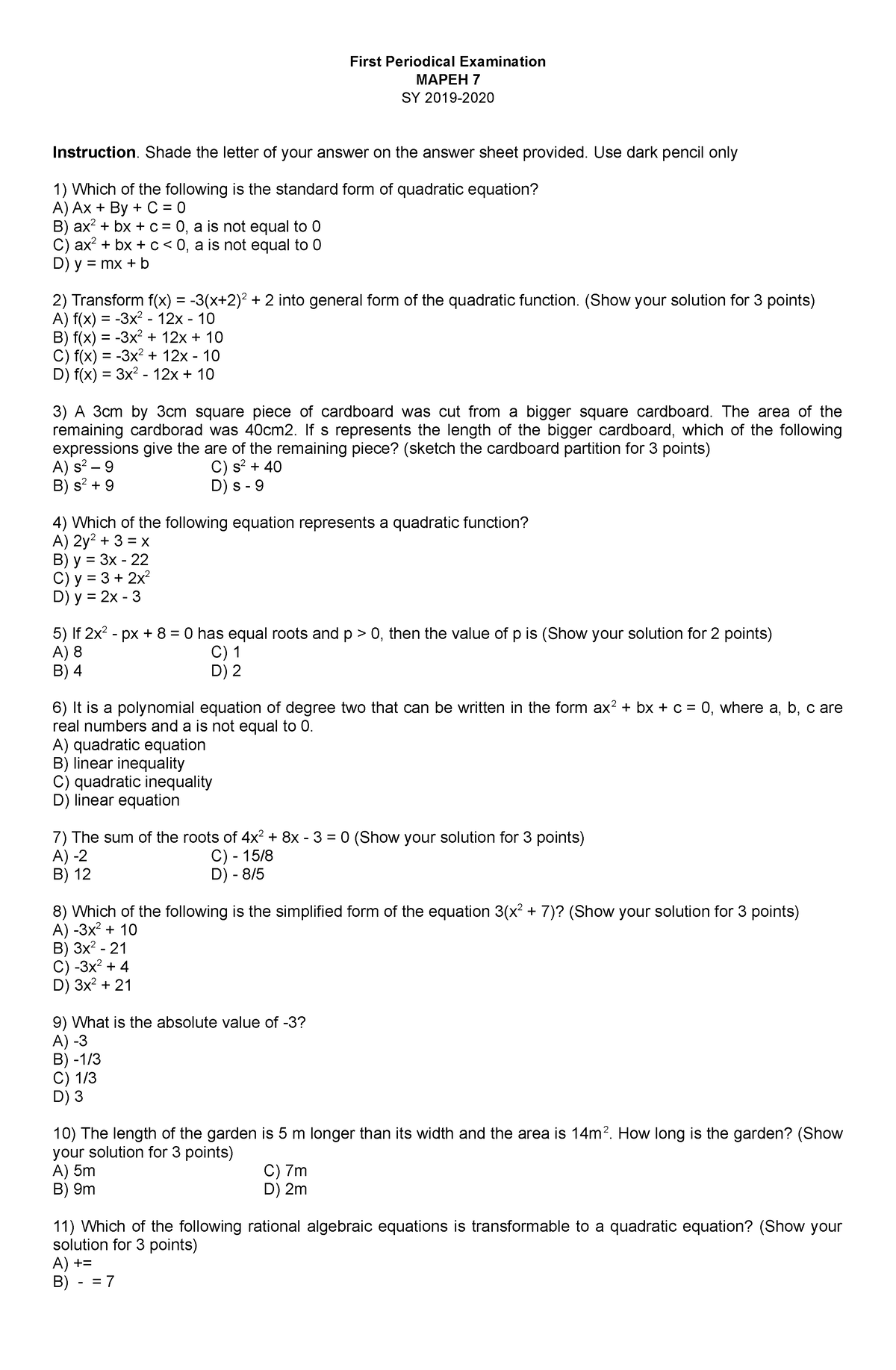 Mapeh practice solutions - First Periodical Examination MAPEH 7 SY 2019 ...