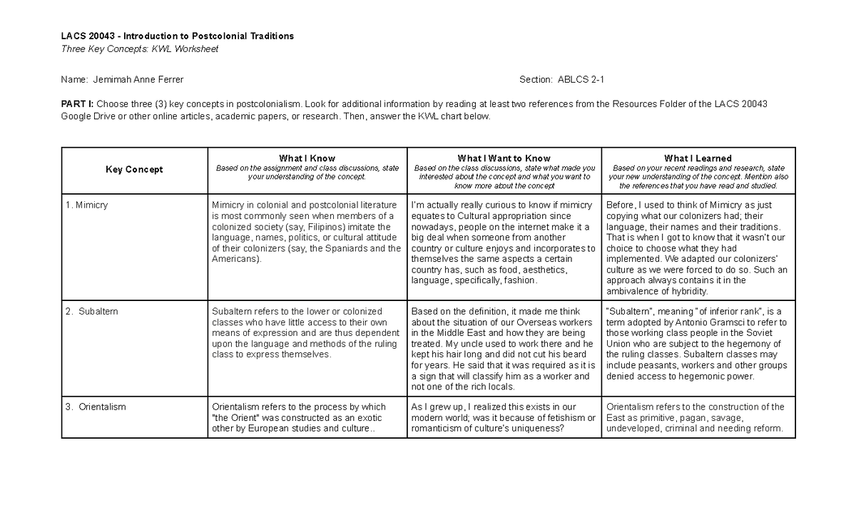 Ferrer, Jemimah ANNE KWL Three Key Concepts Worksheet - LACS 20043 ...