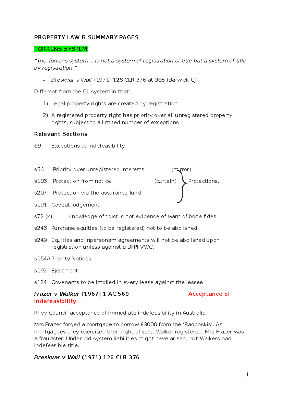 Property LAW B Summary Pages - PROPERTY LAW B SUMMARY PAGES TORRENS ...