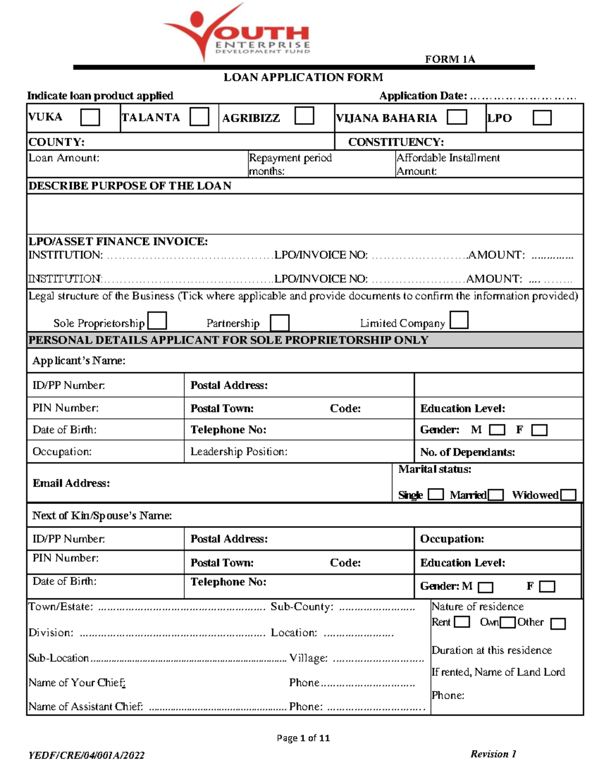 Form 1A LOAN Application FORM Individual - Page 1 of 11 YEDF/CRE/04 ...