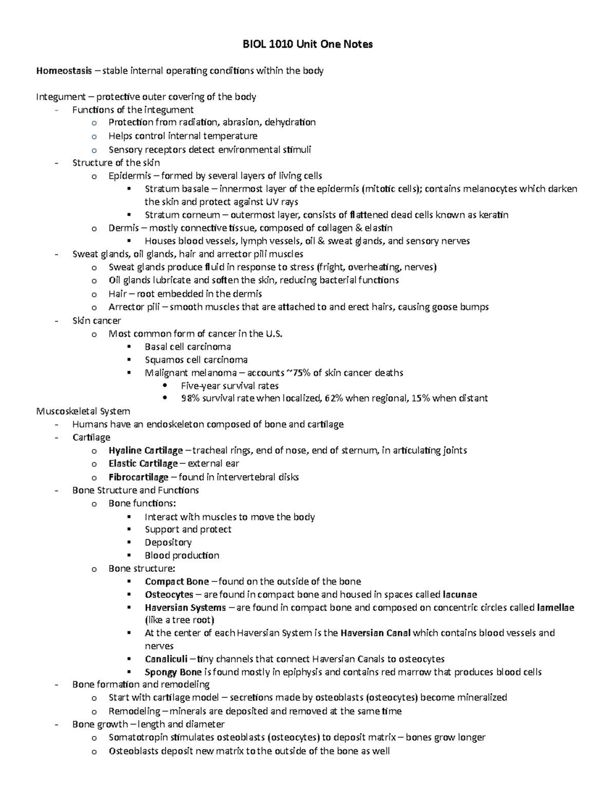 BIOL 1010 Notes - BIOL 1010 Unit One Notes Homeostasis – Stable ...