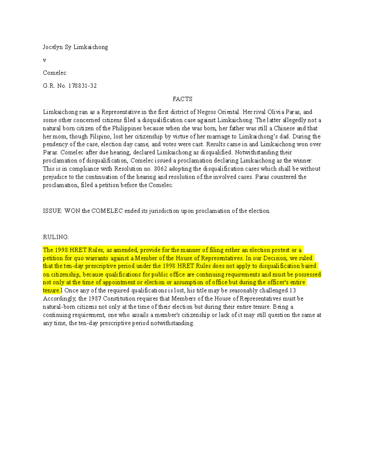 Limkaichong V Comelec CASE DIGEST Jocelyn Sy Limkaichong v Comelec