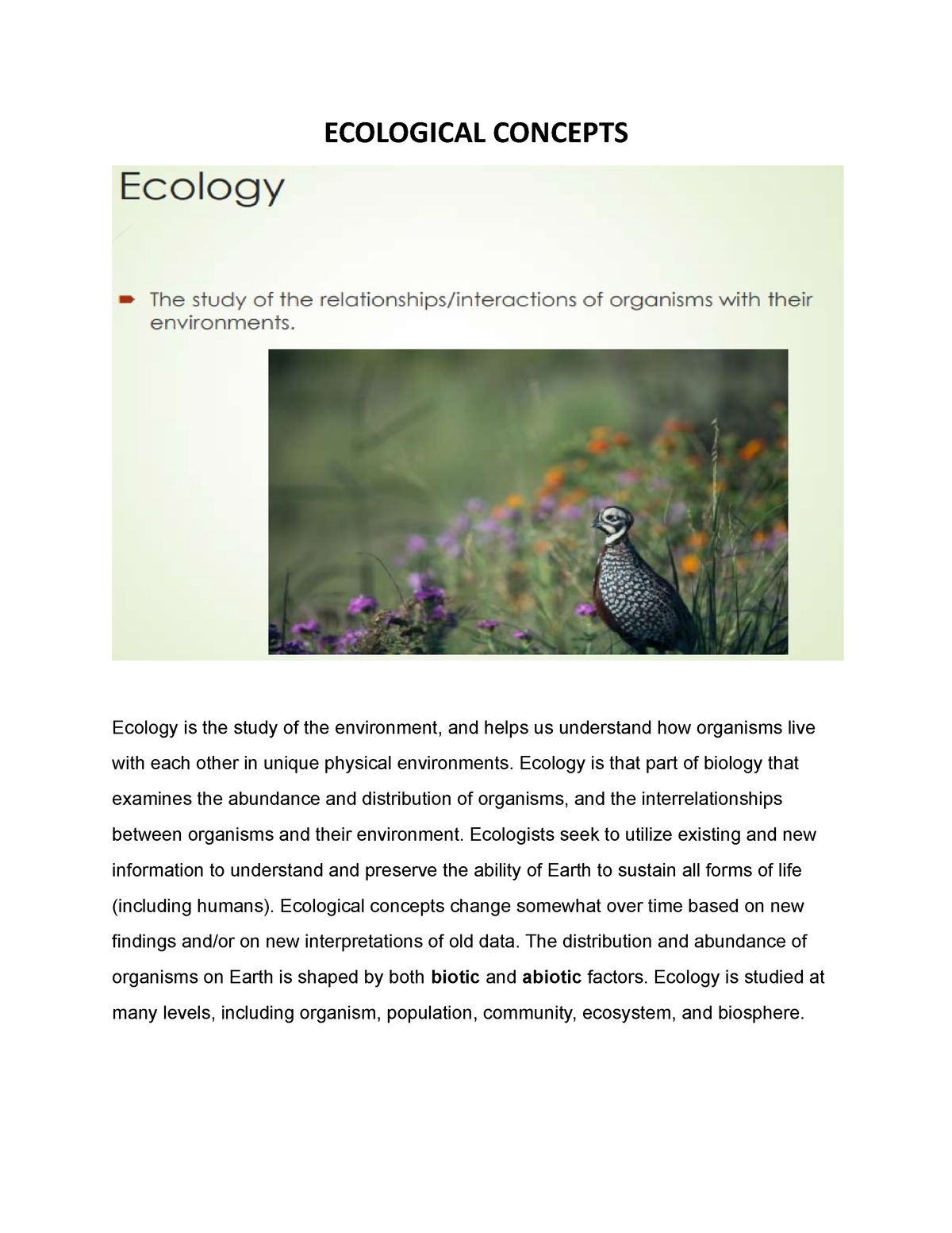 Lecture 1 - jbkbkj - ECOLOGICAL CONCEPTS Ecology is the study of the ...