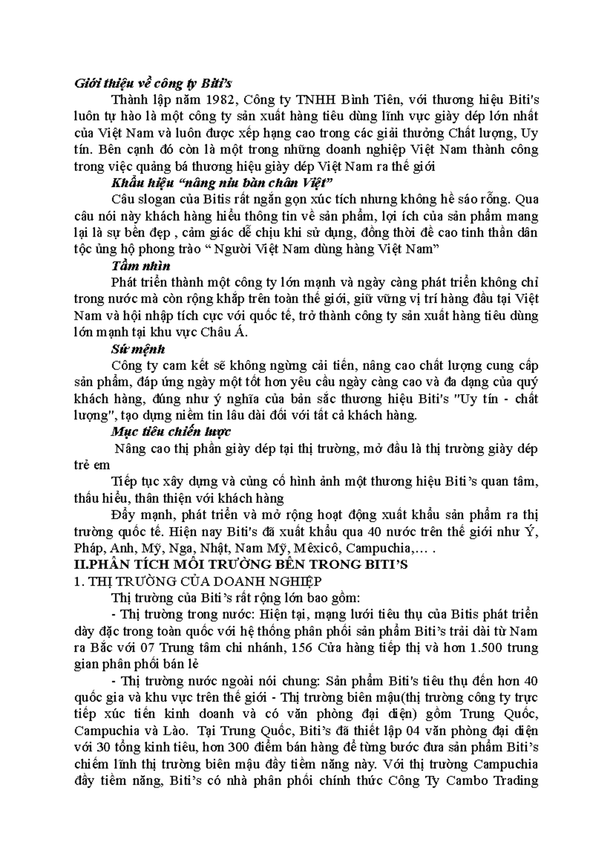 Giới thiệu về công ty Biti - Giới thiệu về công ty Biti’s Thành lập năm 1982, Công ty TNHH Bình - Studocu