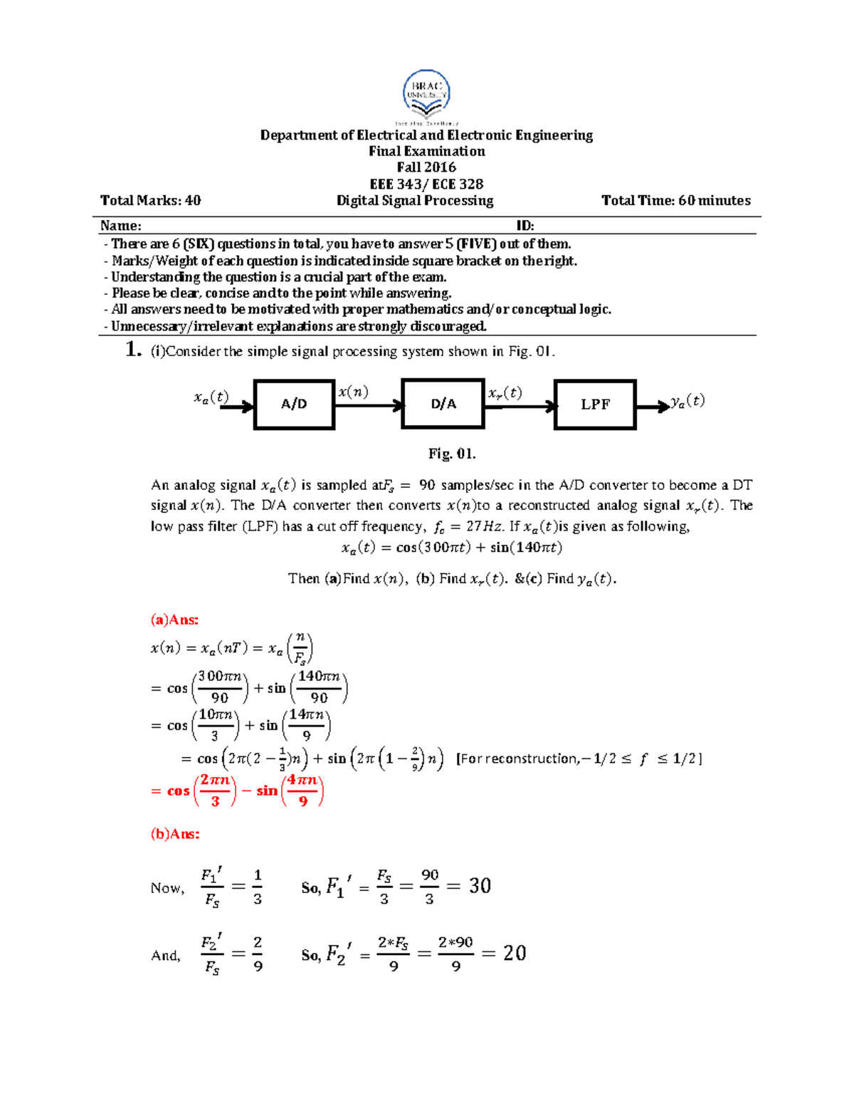 EEE343 Final Fall 2016 Solution - ( ) A/D D/A LPF ...