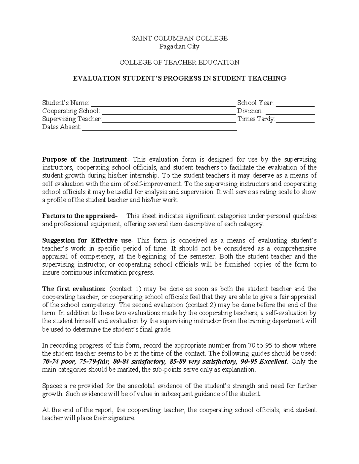 Evaluation of Student Progress in the New Normal - SAINT COLUMBAN ...