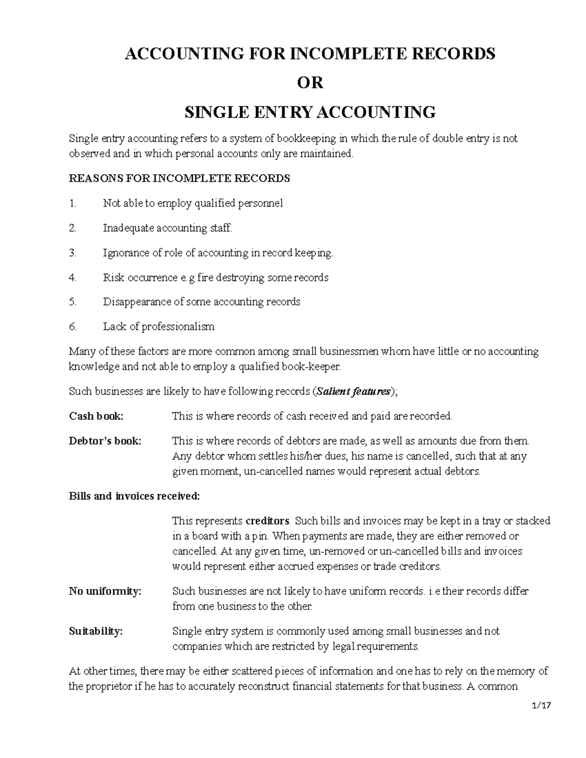 Accounting FOR Incomplete Records - Bachelor of commerce - Studocu