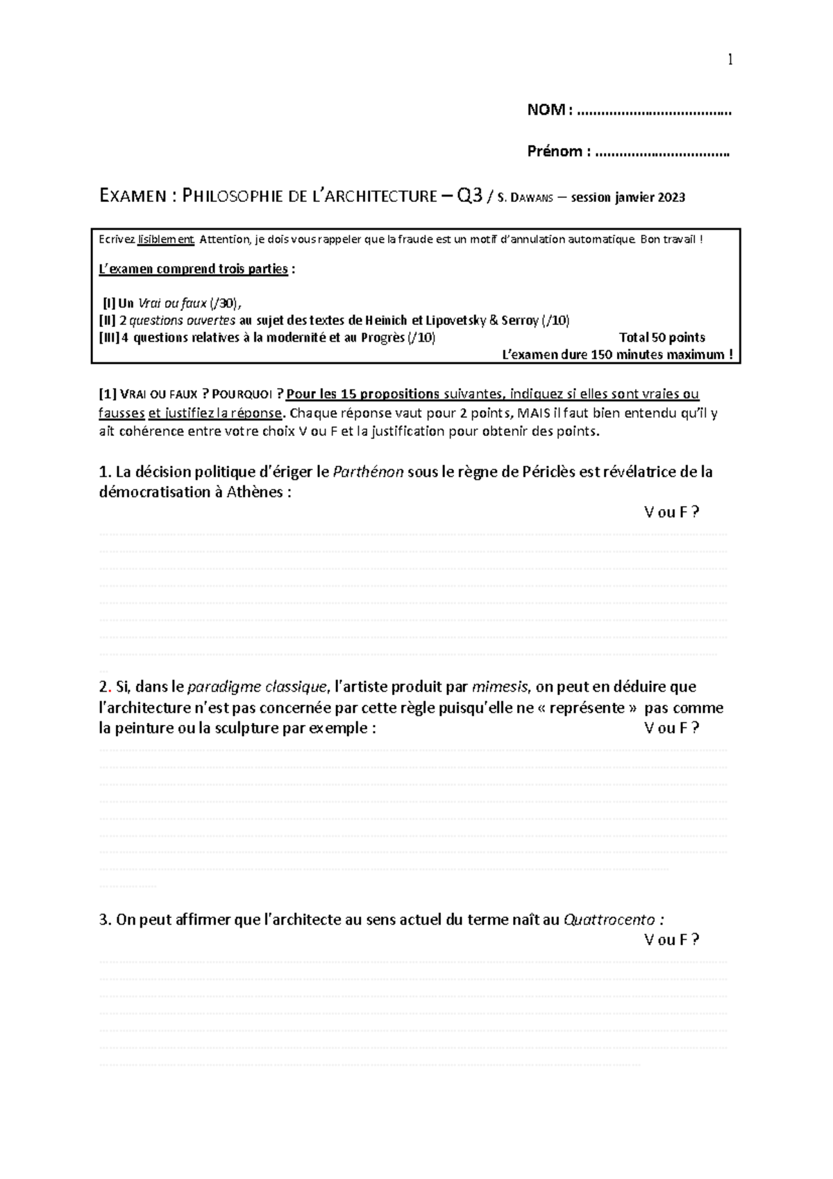 Philo exam 2023 - examen janvier 2023 - NOM ...