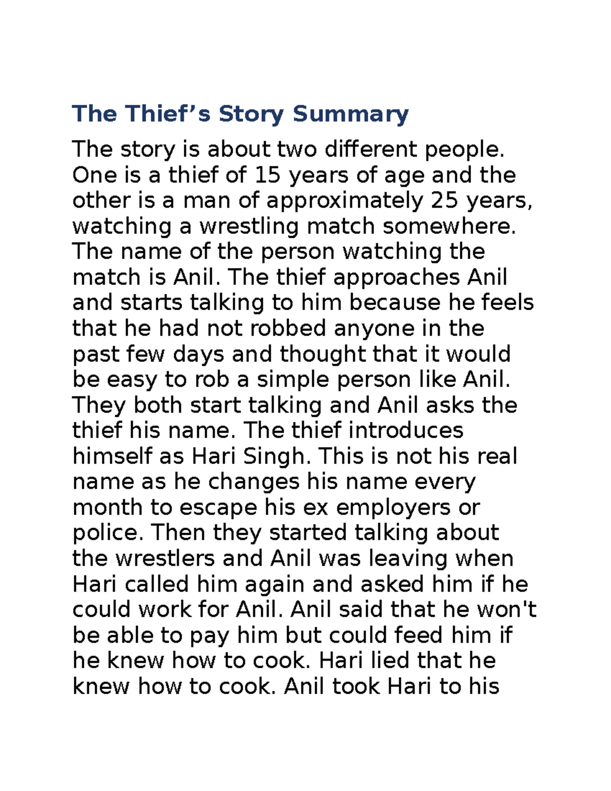 CBSE Class X THE Thief Story Summary AND Question AND Answers The 