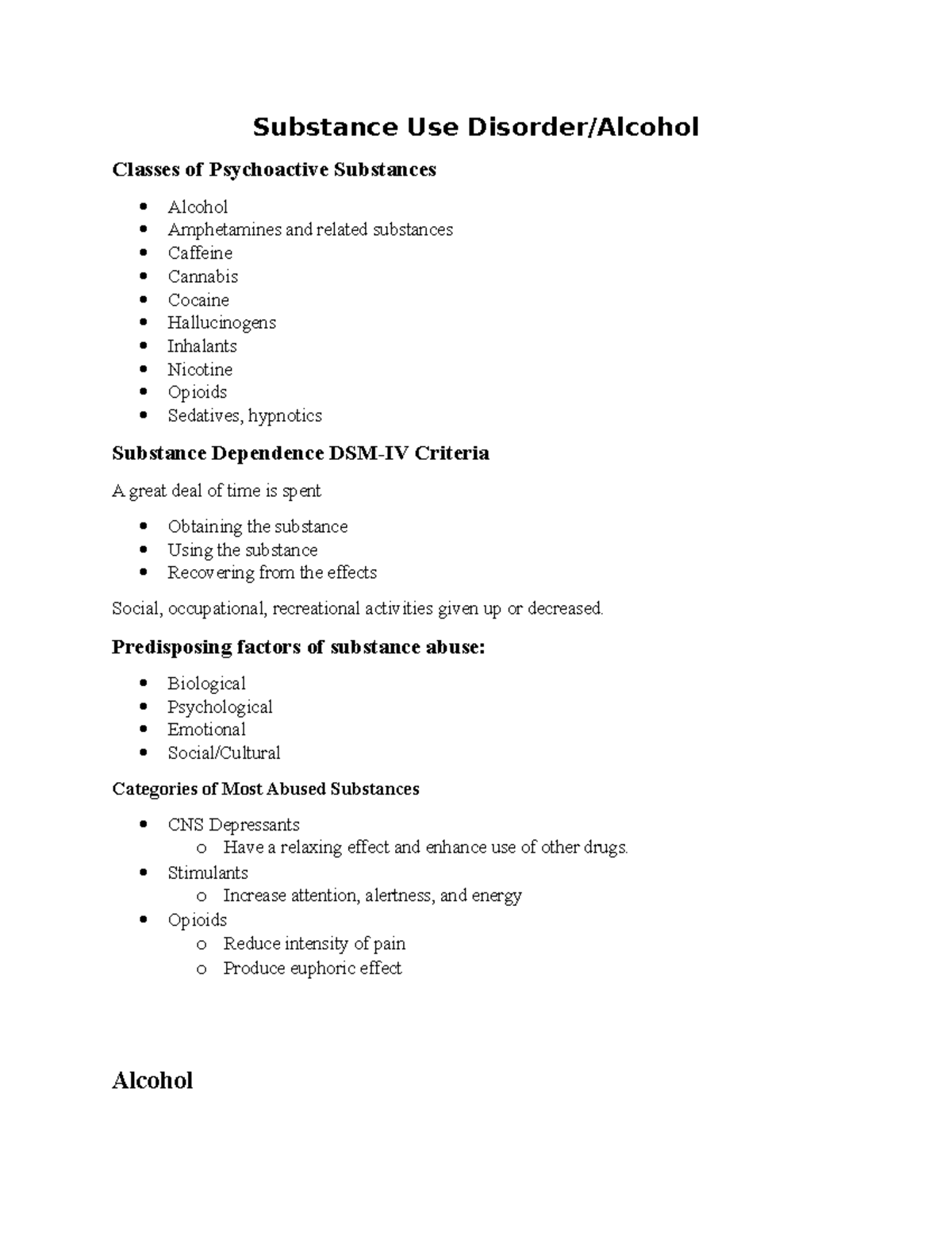 Substance Abuse - Lecture Notes - Substance Use Disorder/Alcohol ...