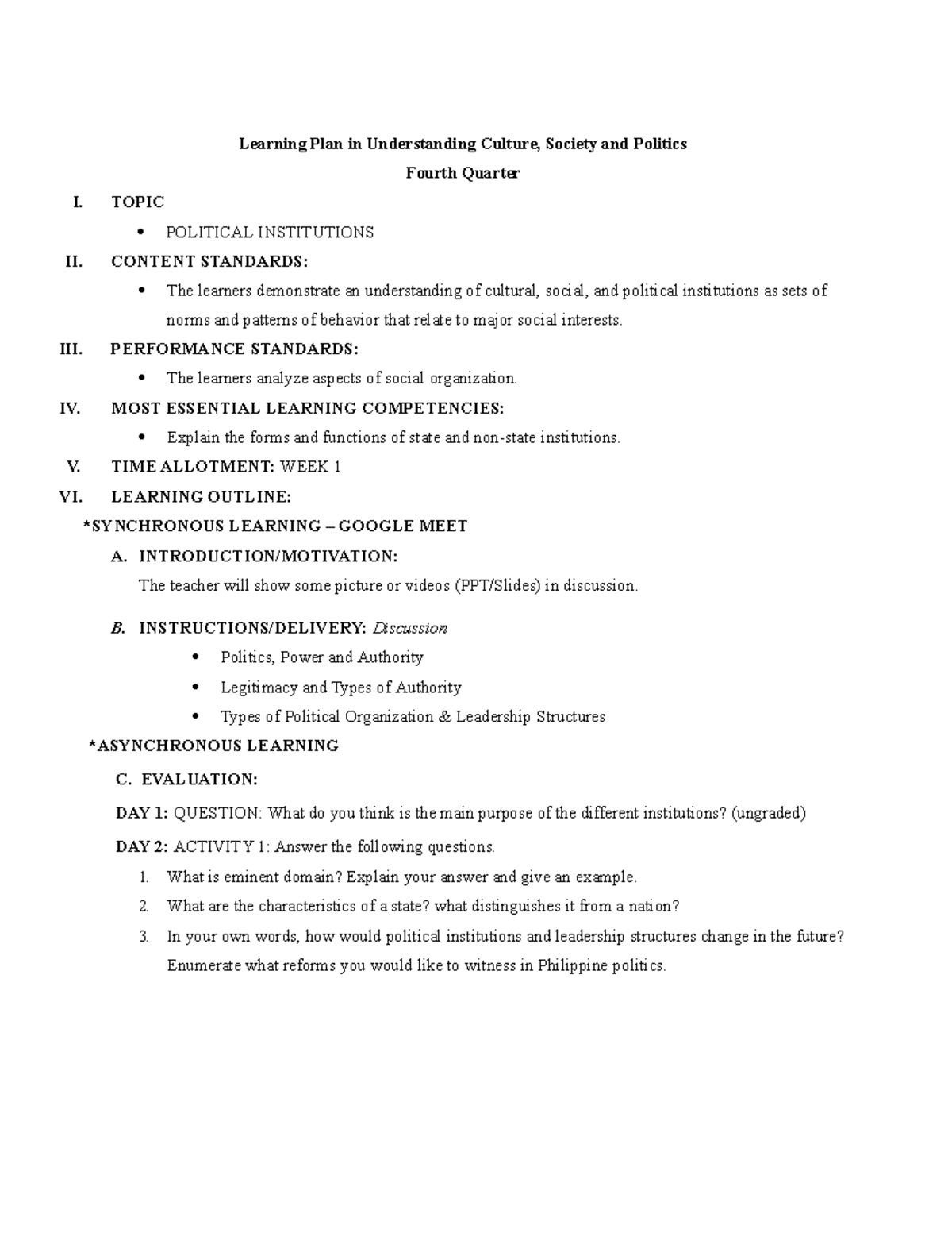 LP 4th Qtr Ucsap - n/a - Learning Plan in Understanding Culture ...