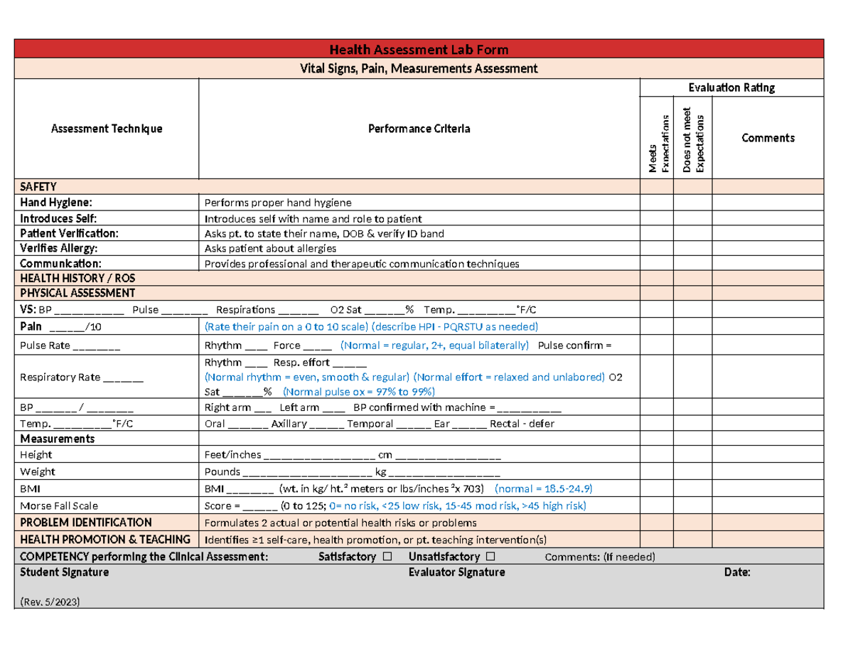 HA Lab Assessment Vitals Norms Summer 2023 Greenhalgh - Health ...