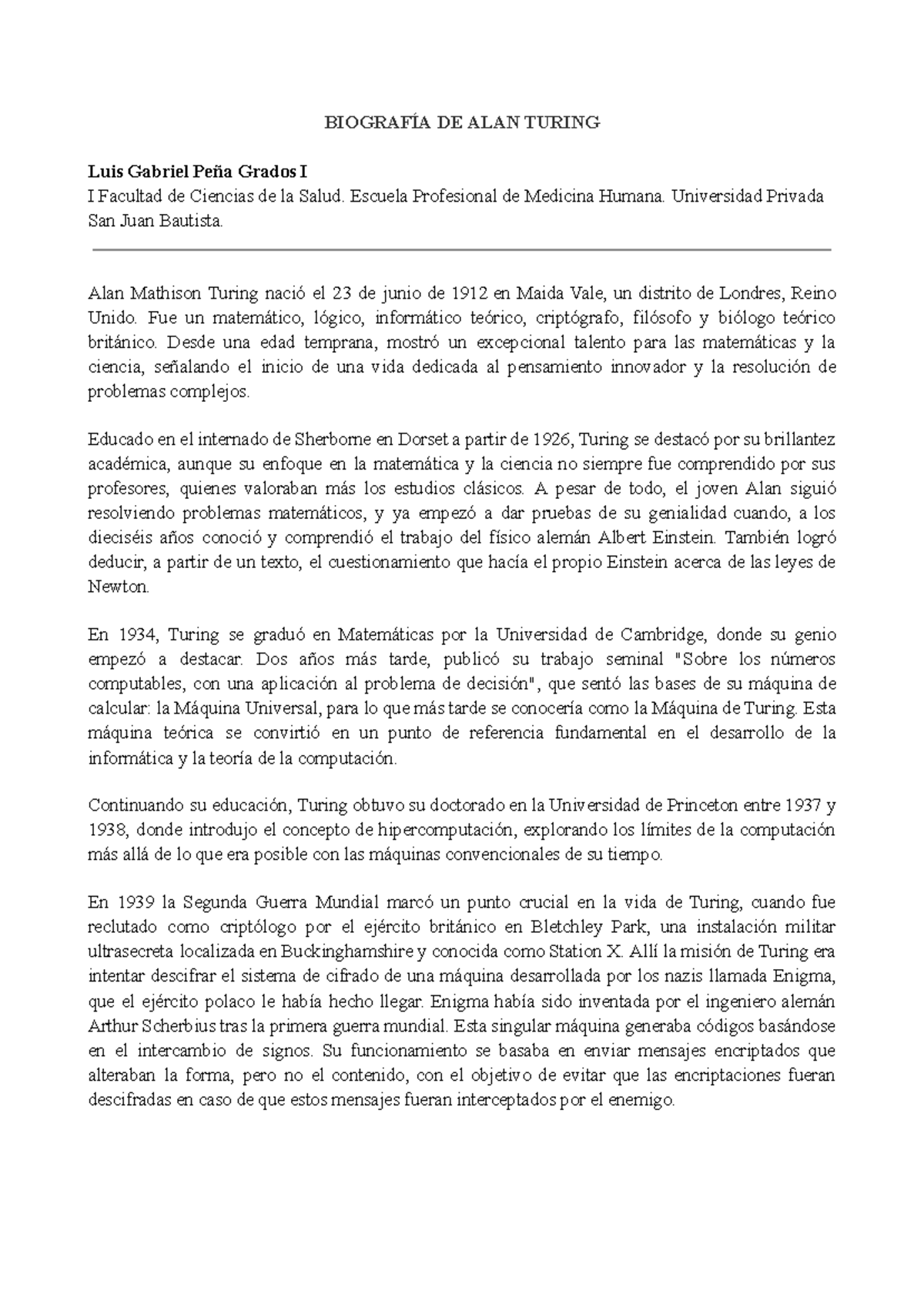 Biografia alan touring - BIOGRAFÍA DE ALAN TURING Luis Gabriel Peña ...