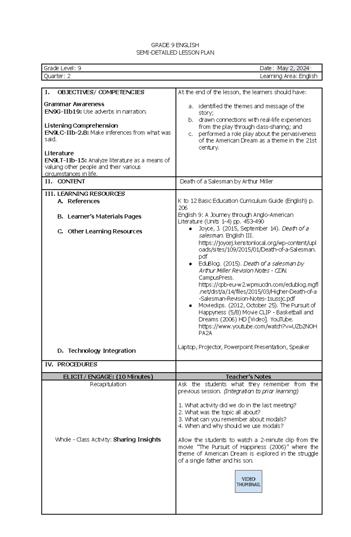 Casuela 5E Lesson Plan Template - GRADE 9 ENGLISH SEMI-DETAILED LESSON ...