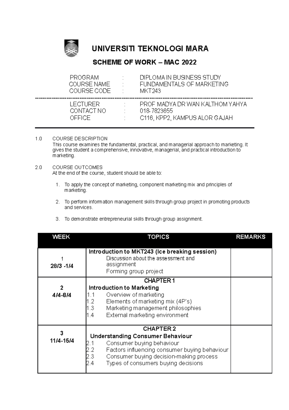 MKT243 Scheme OF WORK -MAC2022 SESSION 2020214 - UNIVERSITI TEKNOLOGI ...