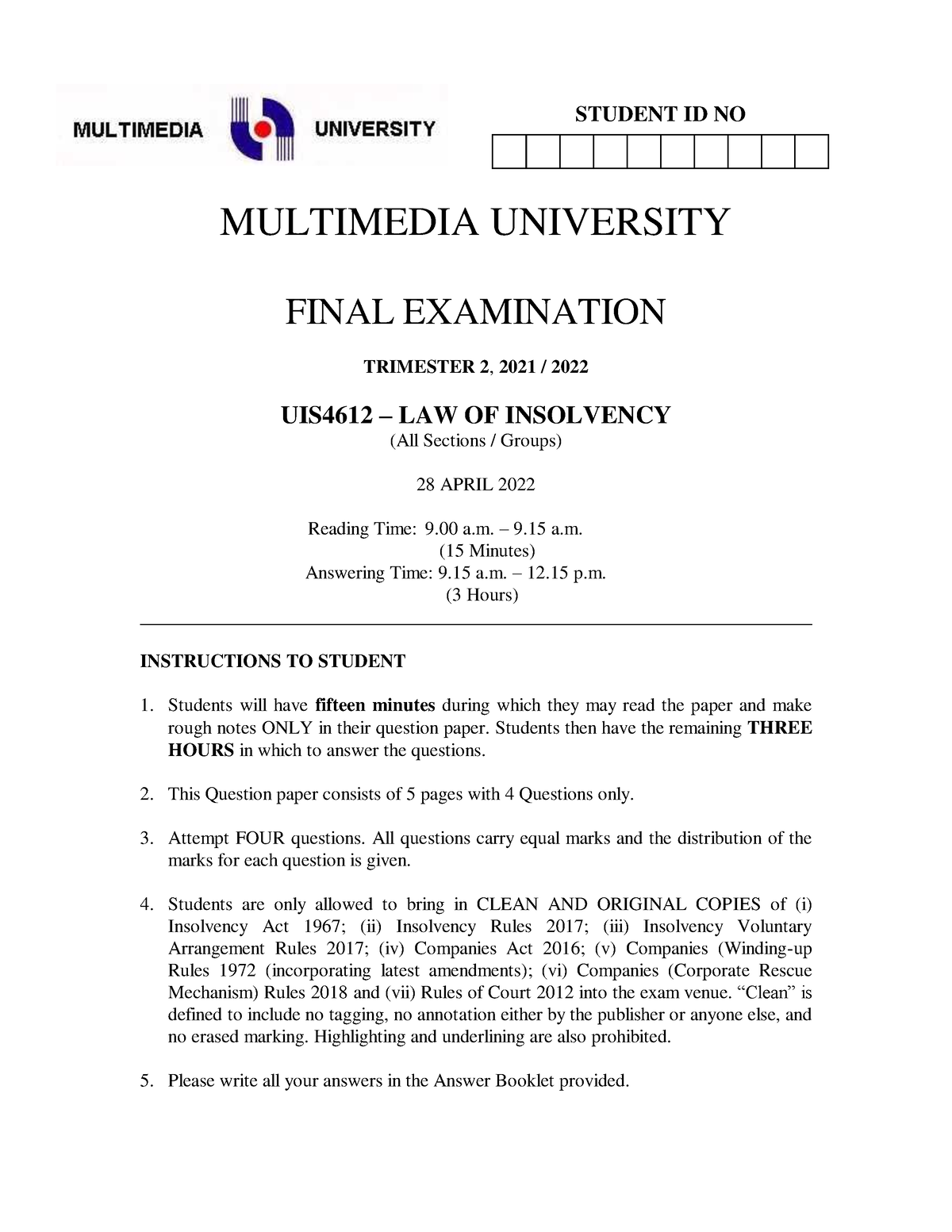 Law Of Insolvency 21 22 - Final Paper - A MULTIMEDIA UNIVERSITY FINAL ...