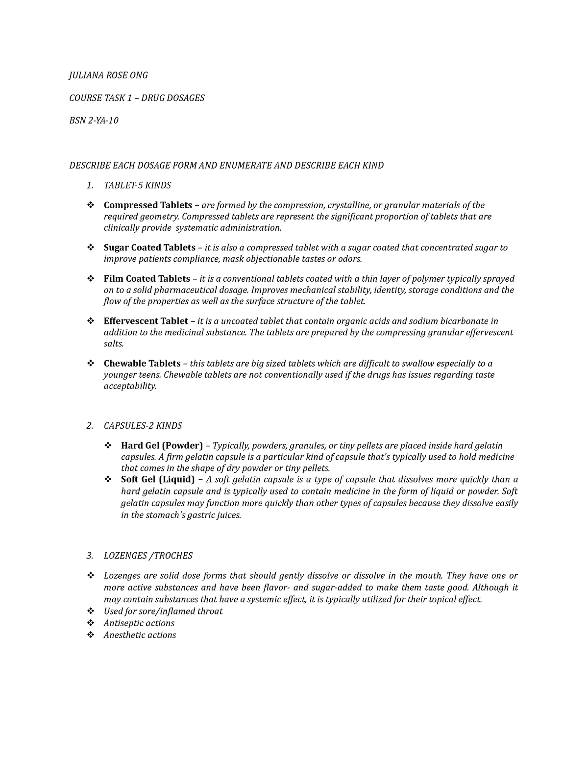 Course Task 1 - Drug Dosages - JULIANA ROSE ONG COURSE TASK 1 – DRUG ...