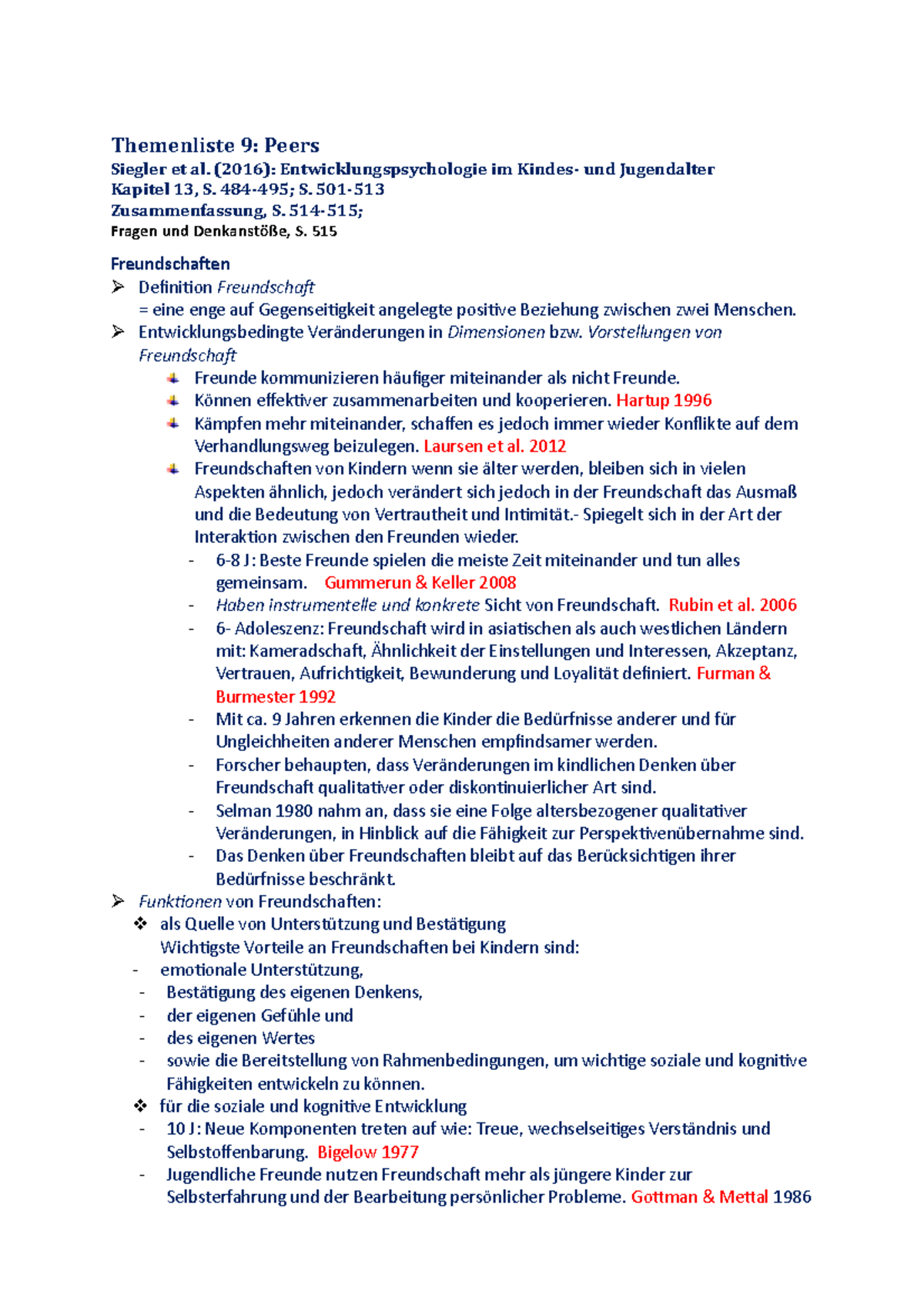Entwicklungspsychologie Im Kindes- Und Jugendalter Themenliste 9 Peers - Zusammenfassung Entwicklungspsychologie im Kindes
