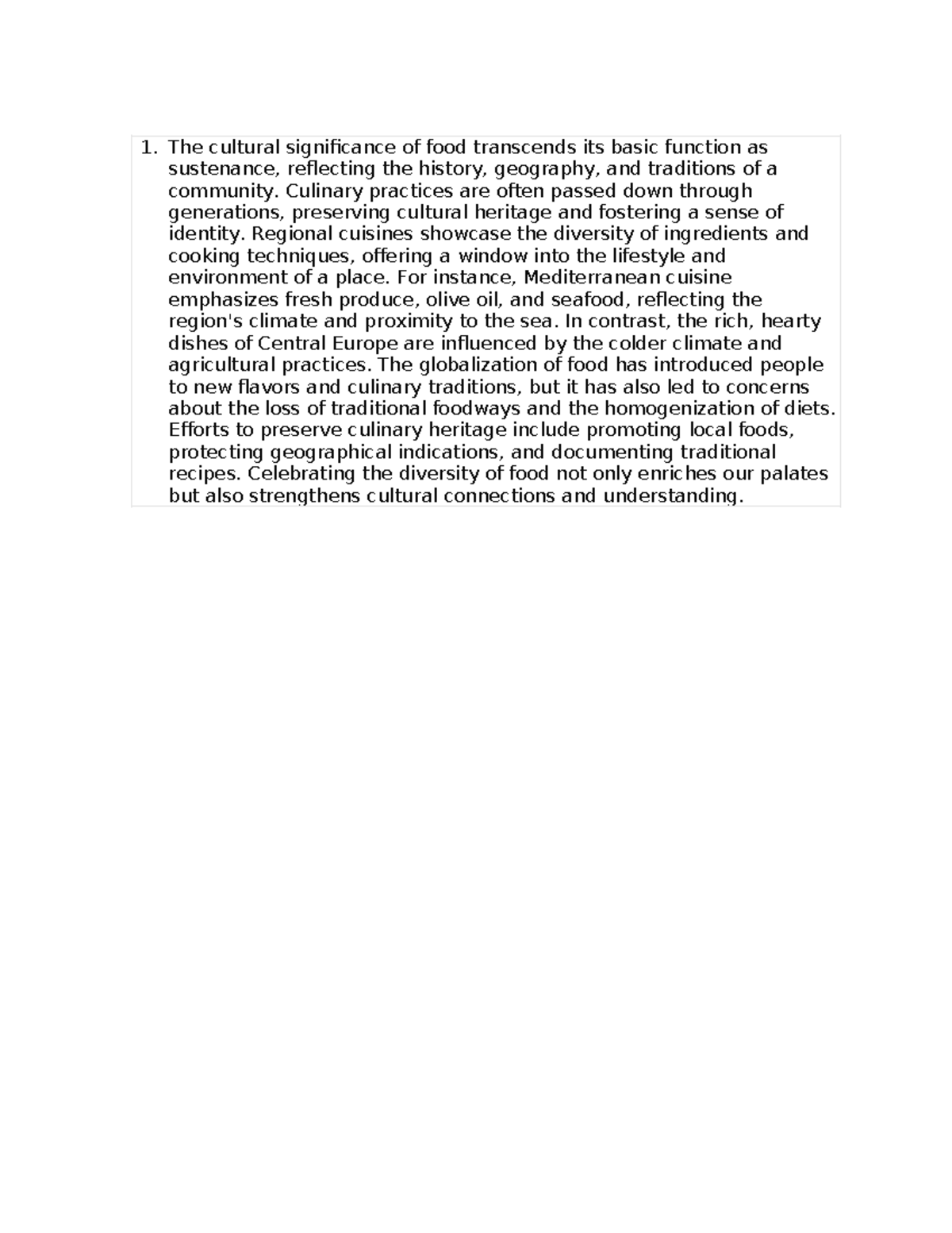 Course Doc 8 - Homework - The cultural significance of food transcends ...