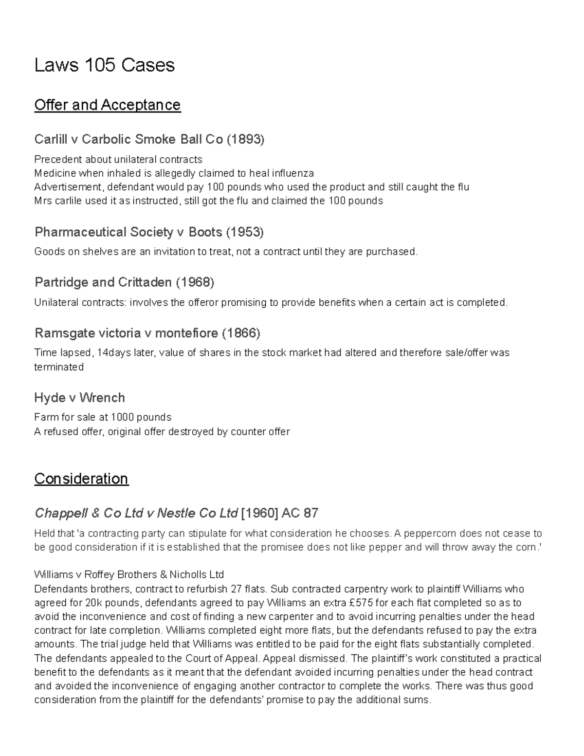 Laws 105 Cases Case notes Laws 105 Cases Offer and Acceptance