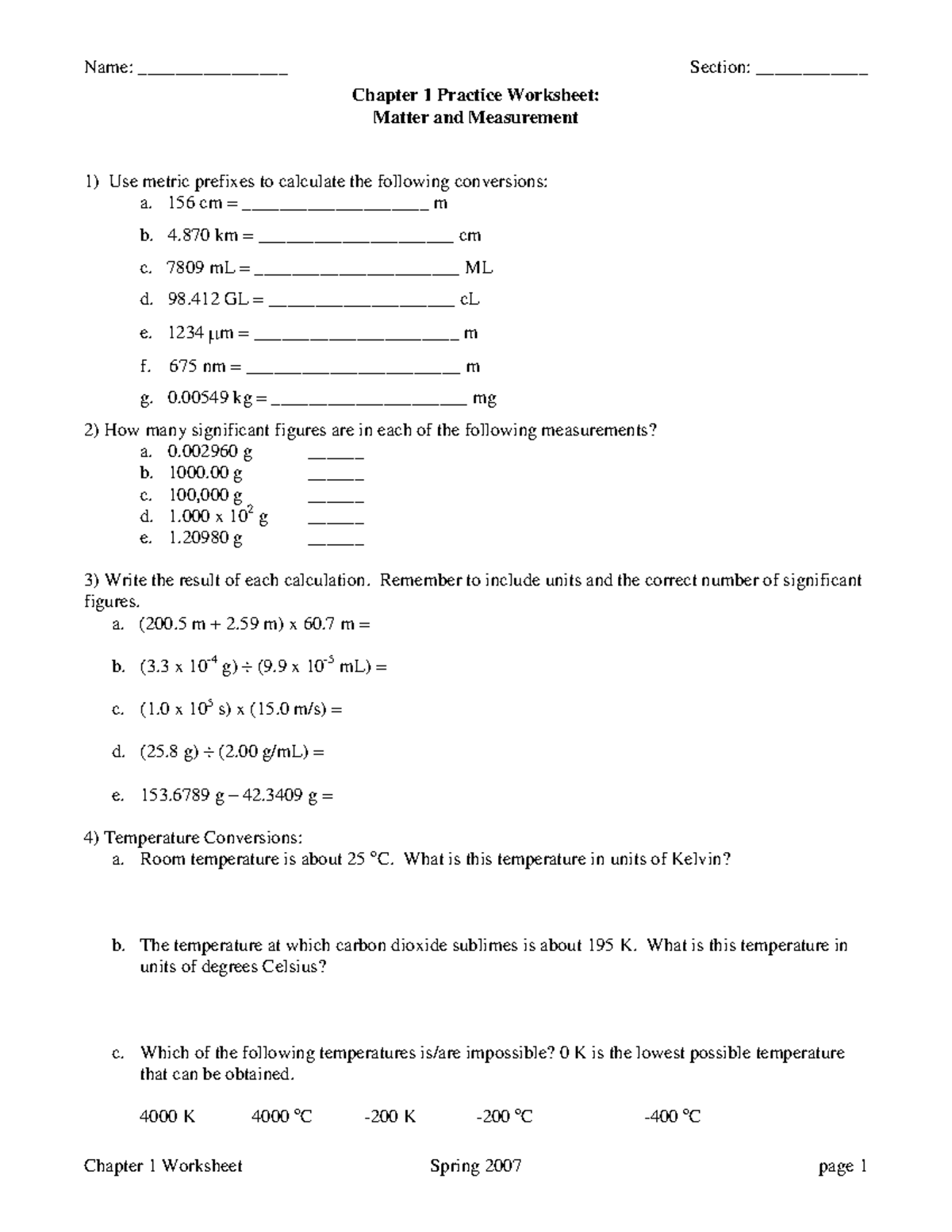 Ch 1 Practice Wkst S07 - Matters and measurement: worksheet - Name ...